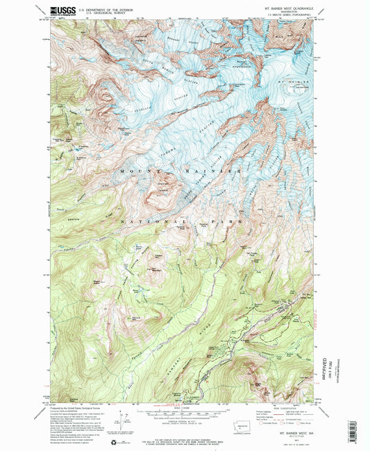 USGS Classic Mount Rainier West Washington 7.5'x7.5' Topo Map Image
