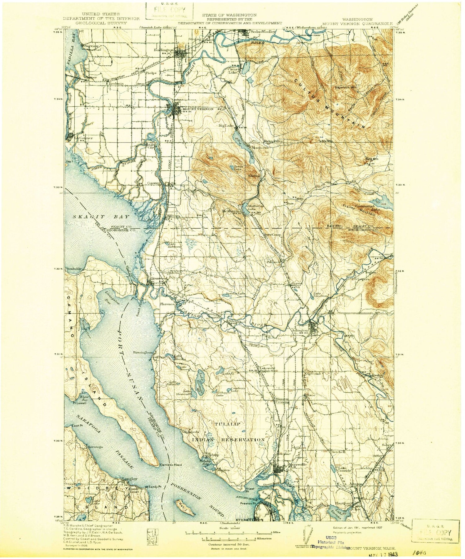 Historic 1911 Mount Vernon Washington 30'x30' Topo Map Image