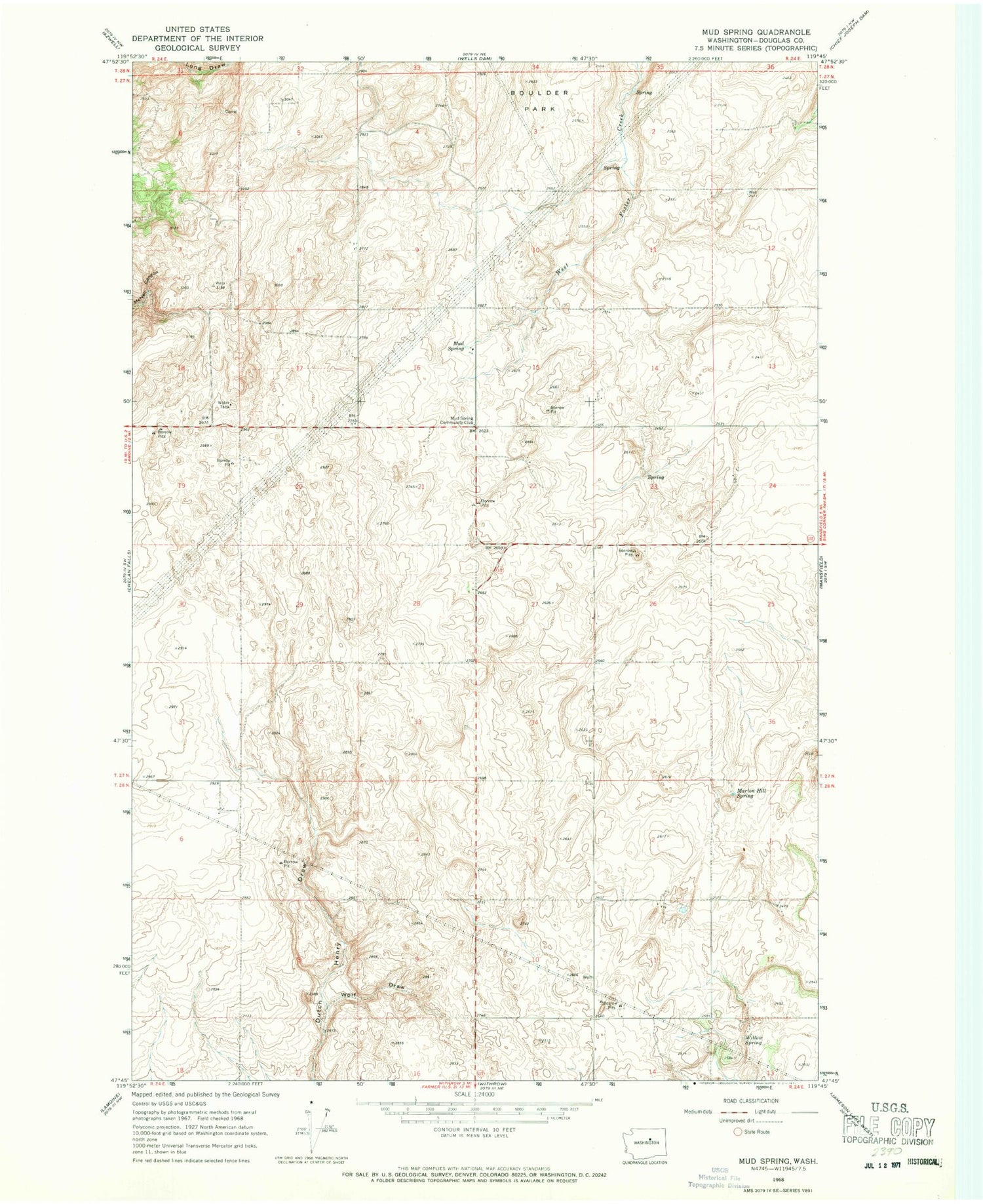Classic USGS Mud Spring Washington 7.5'x7.5' Topo Map Image