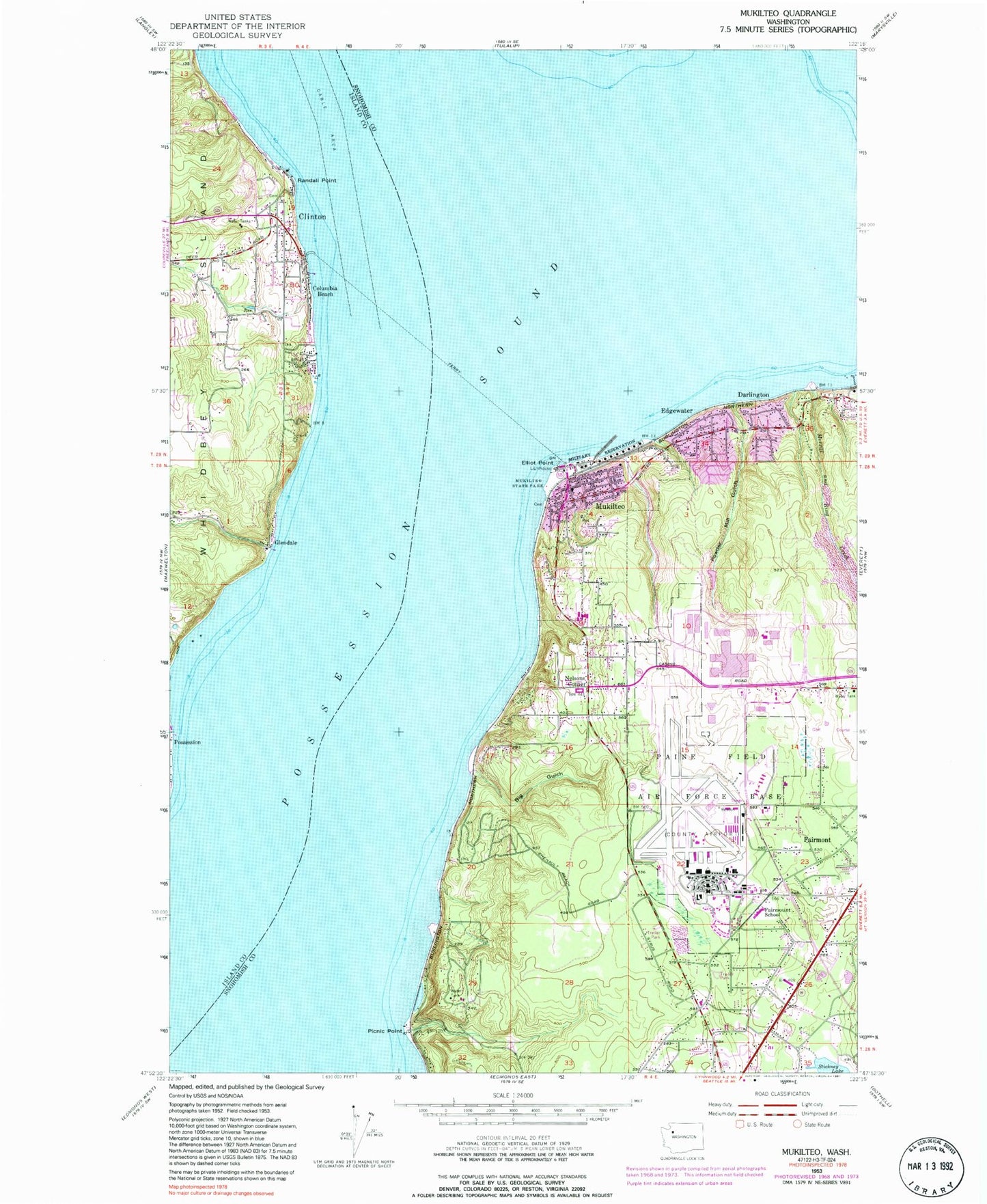 Classic USGS Mukilteo Washington 7.5'x7.5' Topo Map Image