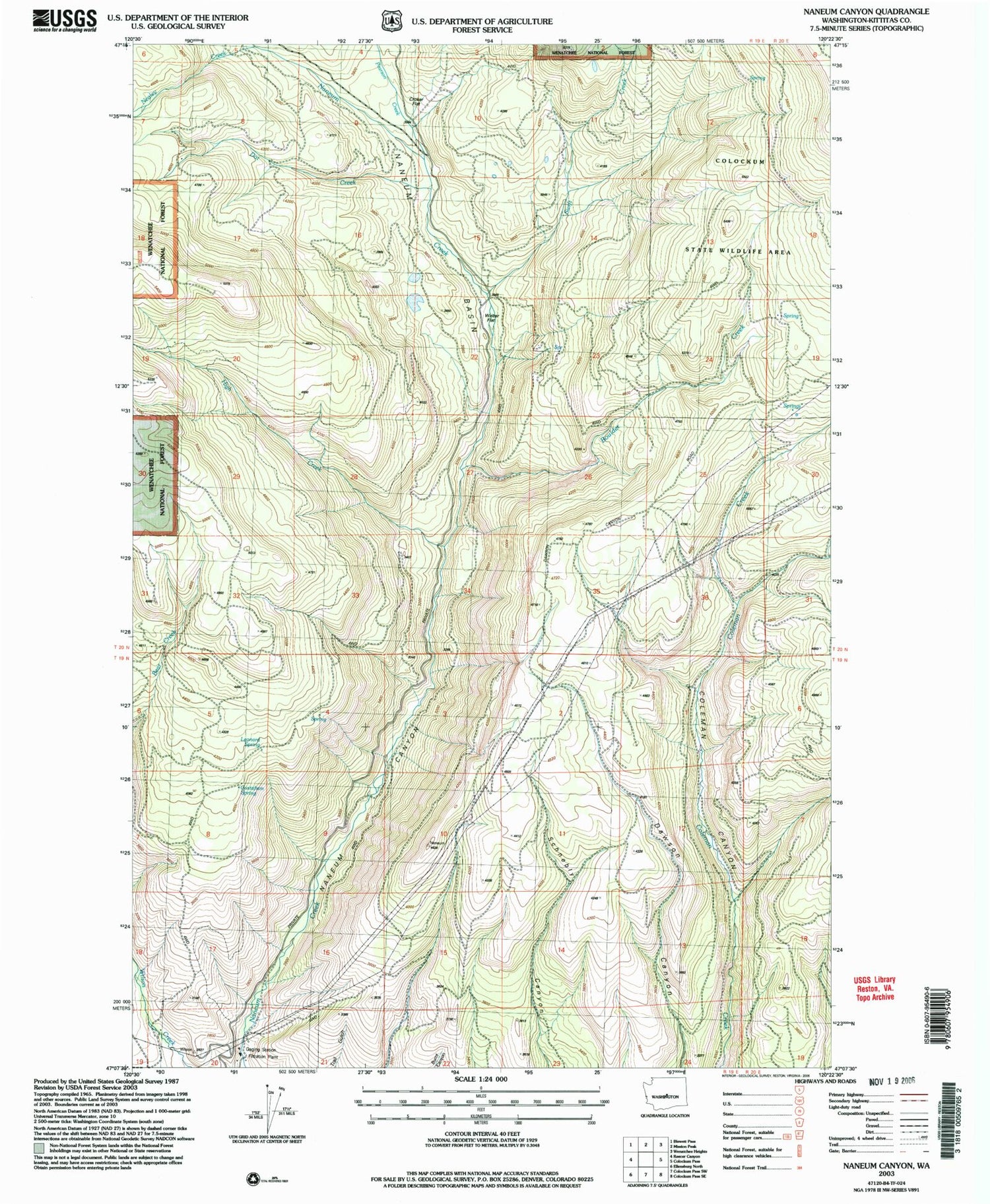 Classic USGS Naneum Canyon Washington 7.5'x7.5' Topo Map Image
