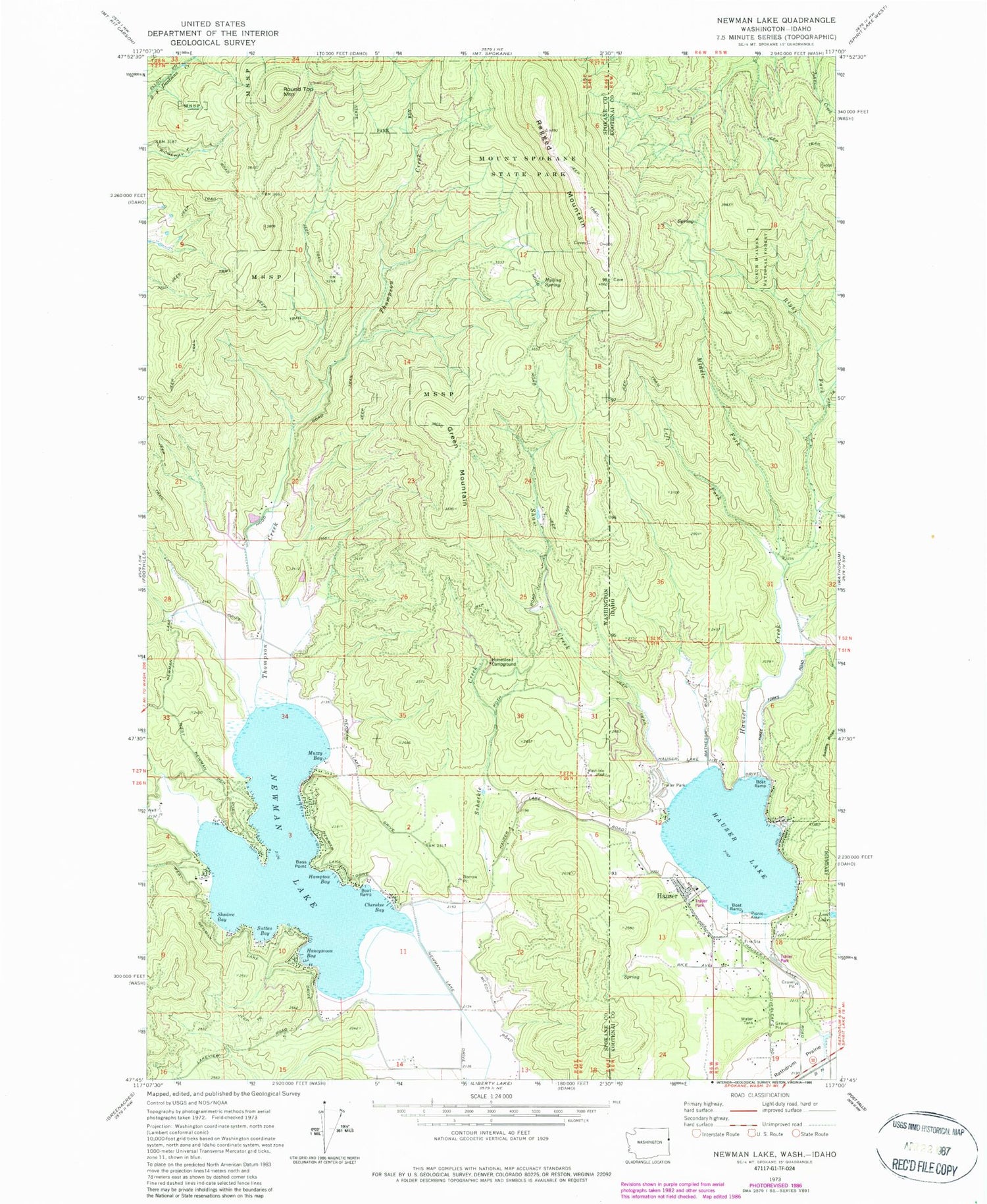 Classic USGS Newman Lake Washington 7.5'x7.5' Topo Map Image