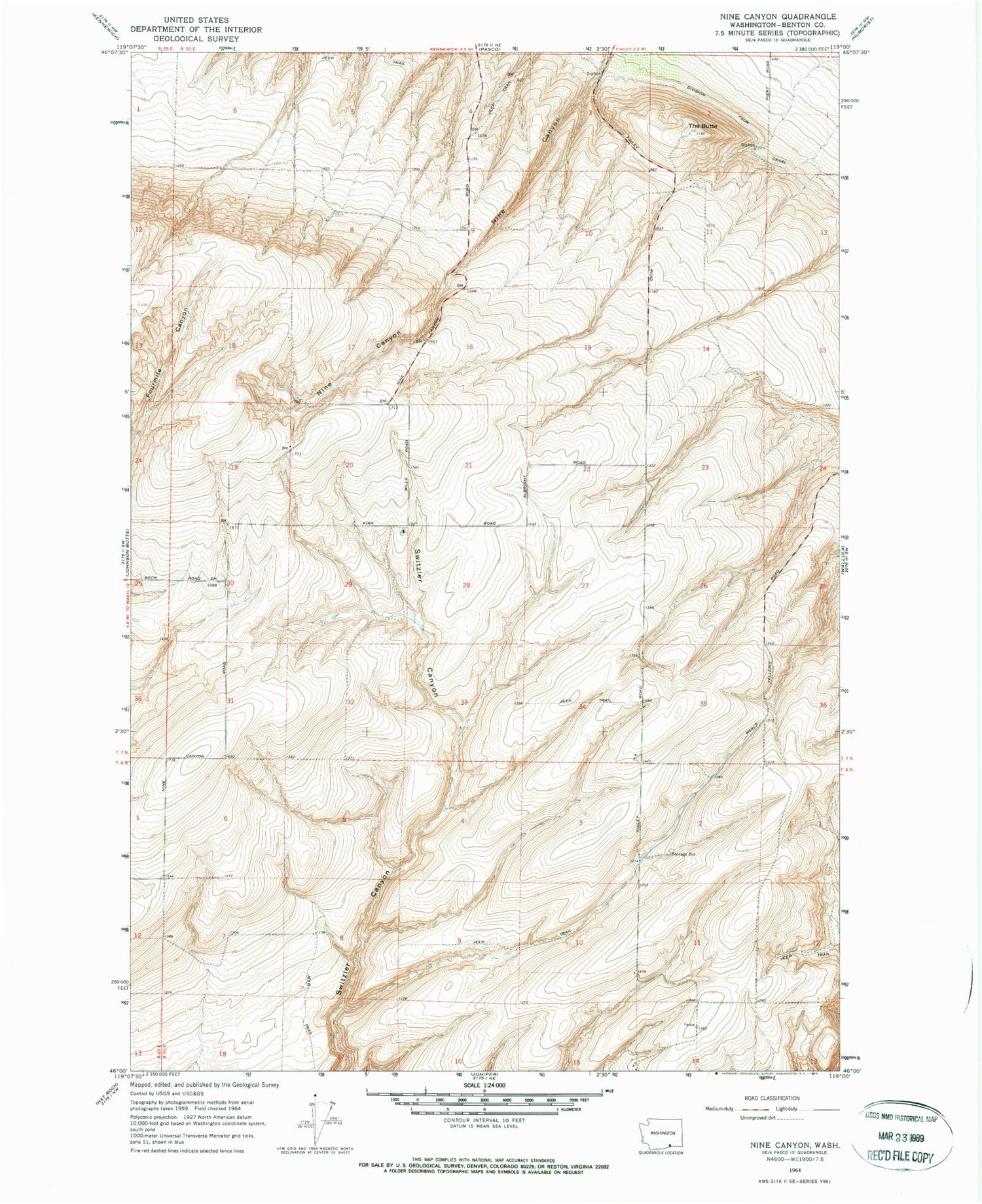 Classic USGS Nine Canyon Washington 7.5'x7.5' Topo Map Image