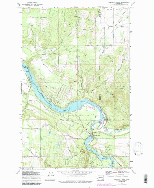 Classic USGS Nine Mile Falls Washington 7.5'x7.5' Topo Map Image