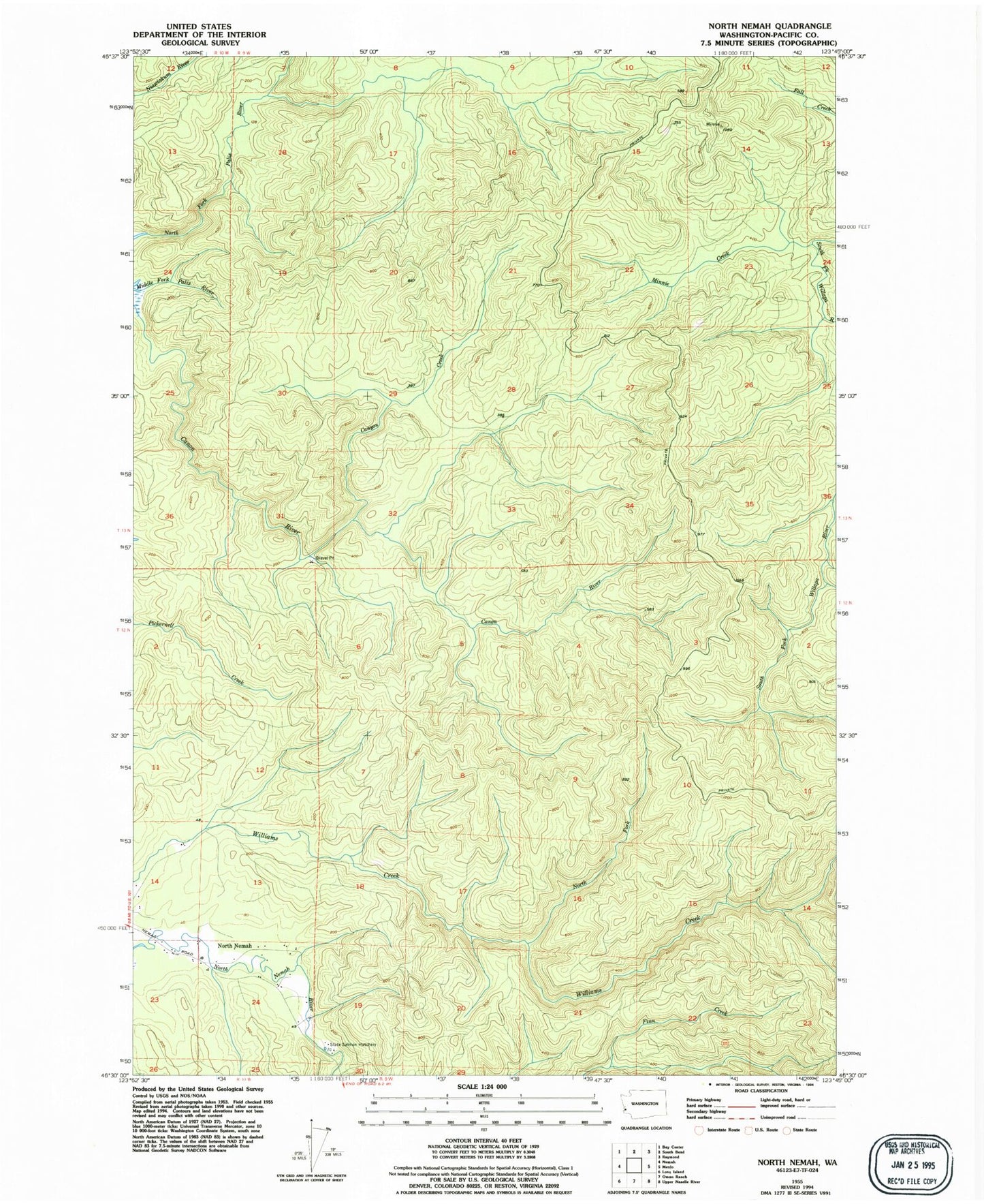 Classic USGS North Nemah Washington 7.5'x7.5' Topo Map Image