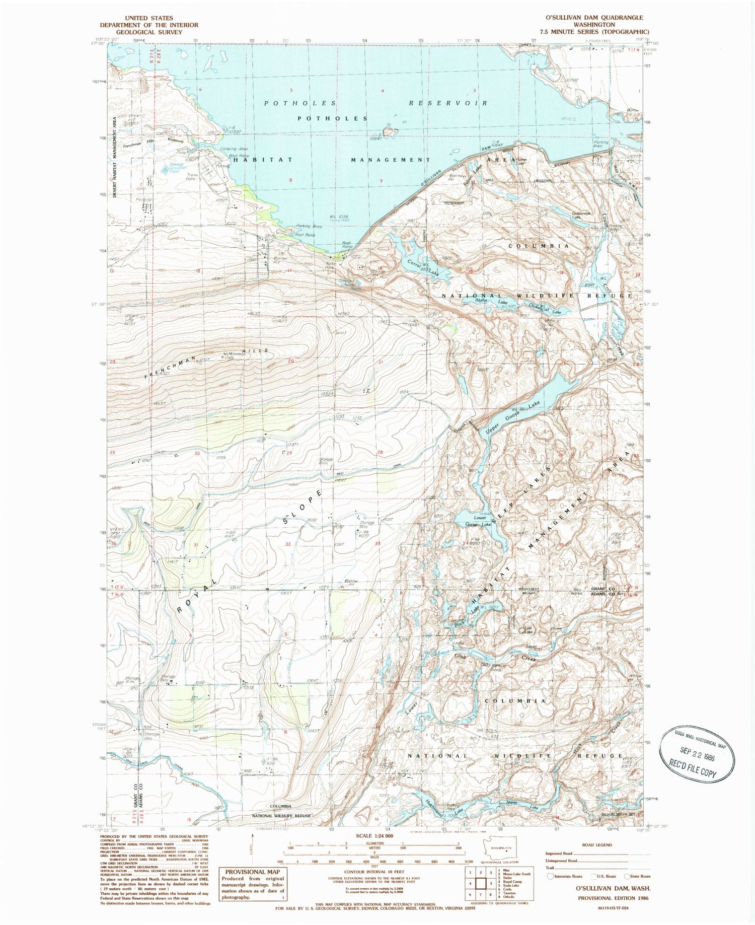 Classic USGS O'Sullivan Dam Washington 7.5'x7.5' Topo Map Image
