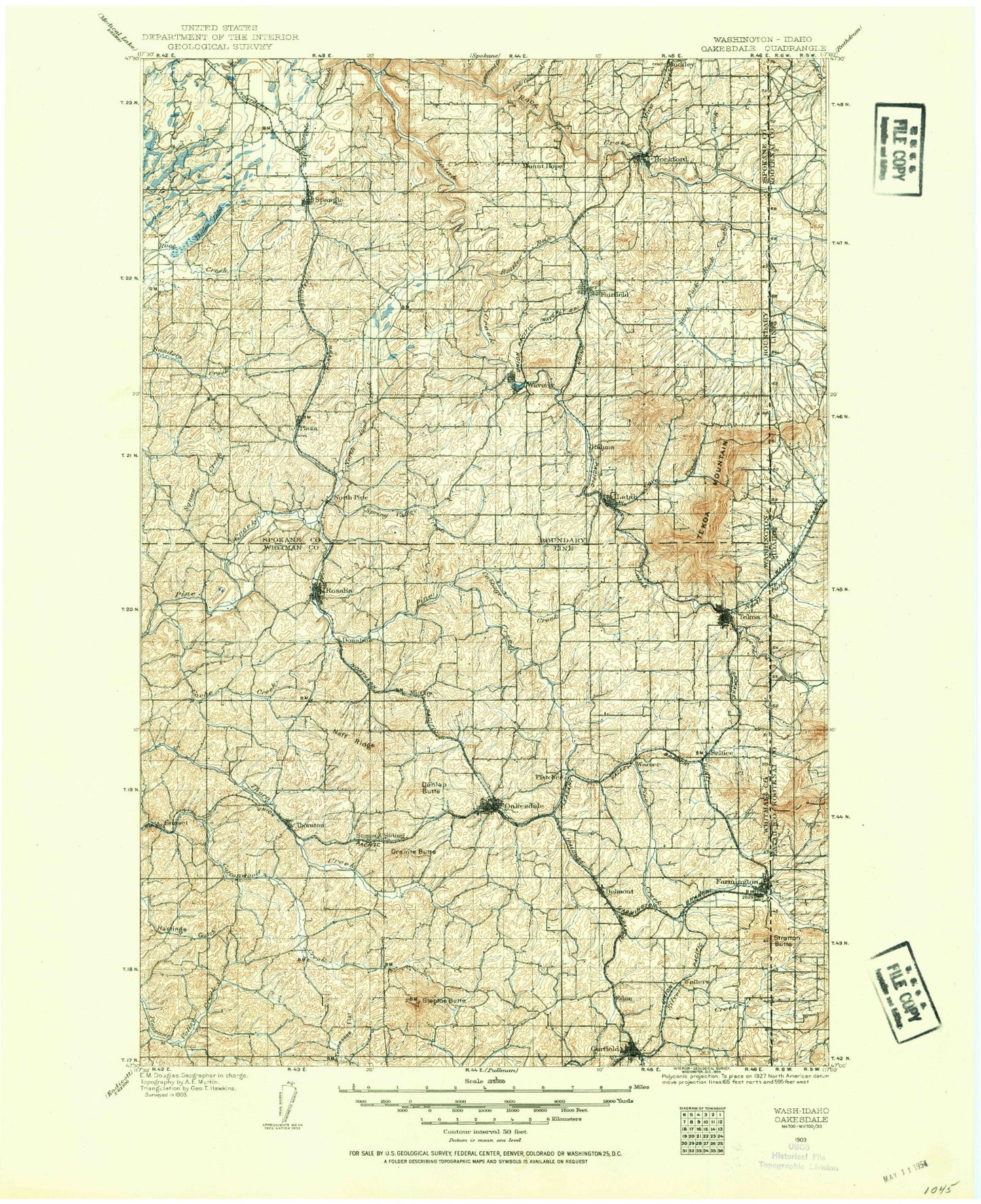 Historic 1903 Oaksdale Washington 30'x30' Topo Map Image
