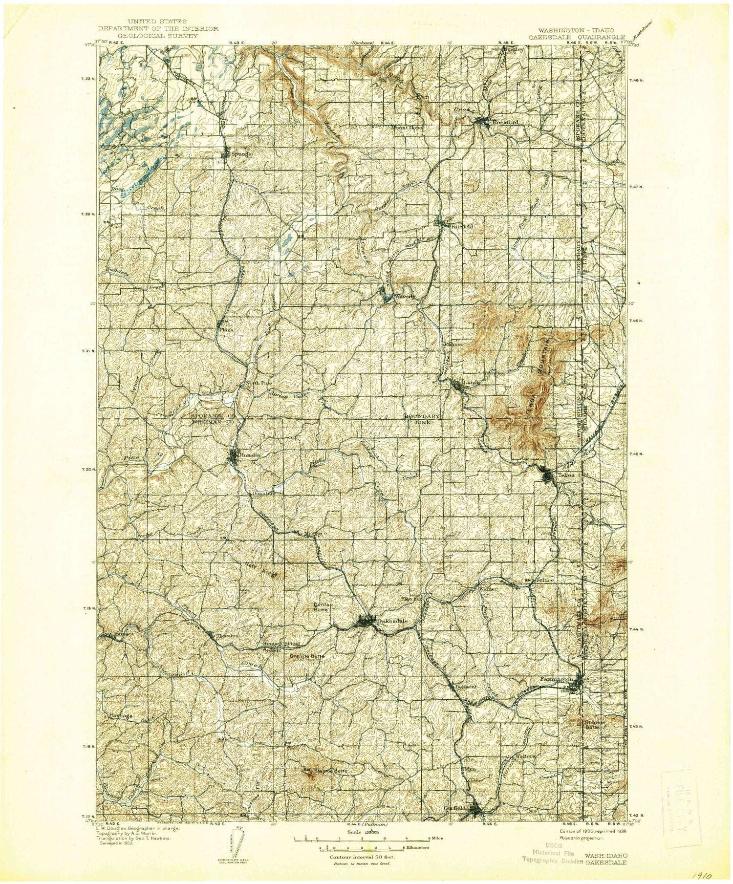 Historic 1905 Oaksdale Washington 30'x30' Topo Map Image