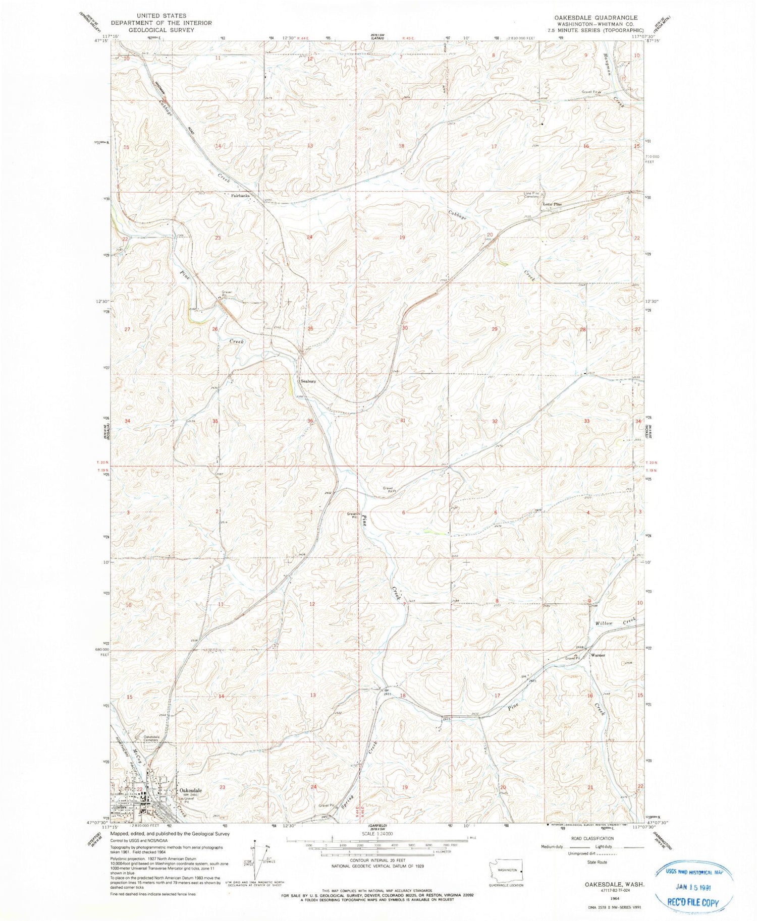 Classic USGS Oakesdale Washington 7.5'x7.5' Topo Map Image
