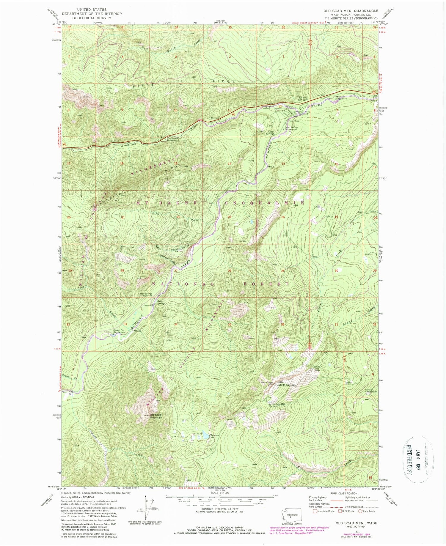 Classic USGS Old Scab Mountain Washington 7.5'x7.5' Topo Map Image