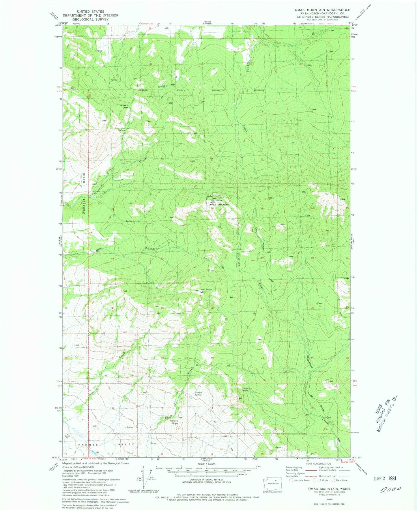 Classic USGS Omak Mountain Washington 7.5'x7.5' Topo Map Image