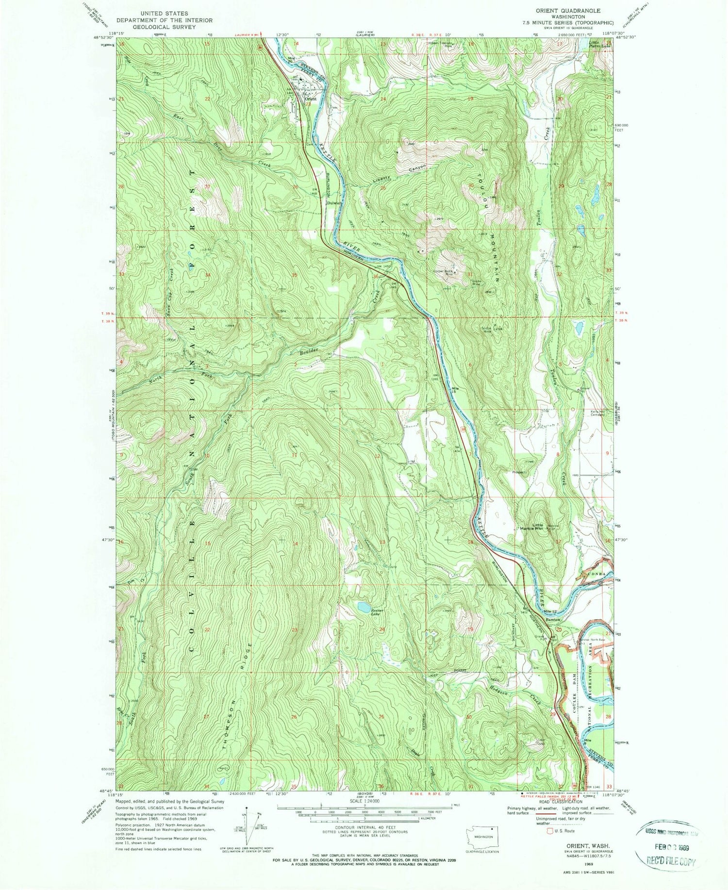 Classic USGS Orient Washington 7.5'x7.5' Topo Map Image