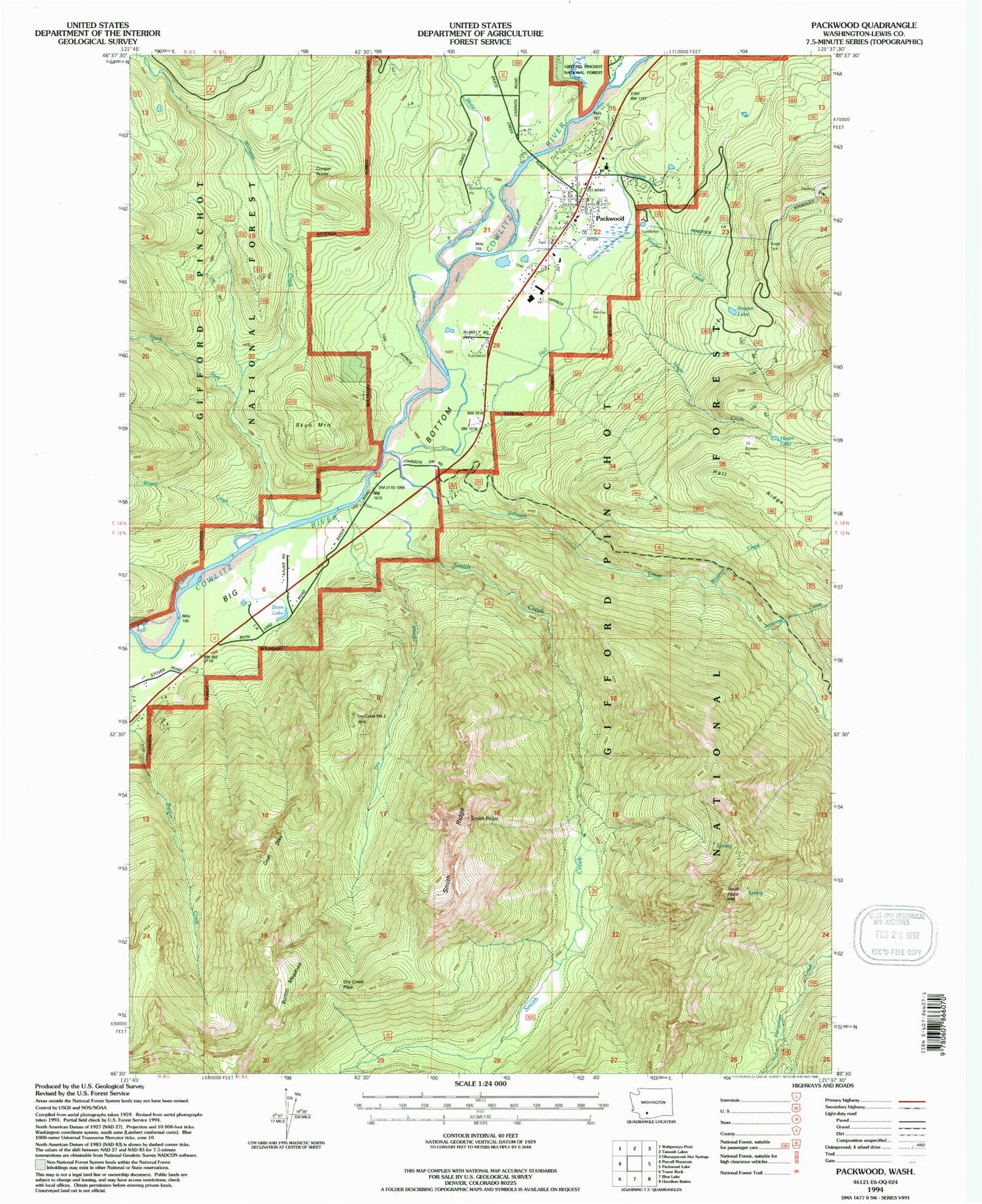 Classic USGS Packwood Washington 7.5'x7.5' Topo Map Image