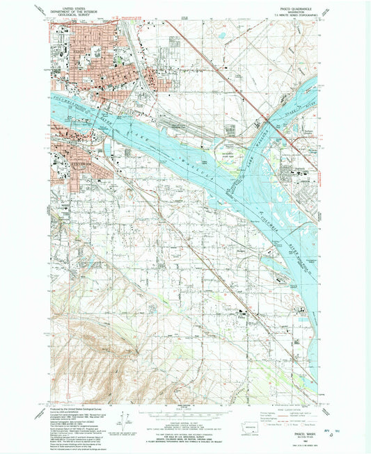 Classic USGS Pasco Washington 7.5'x7.5' Topo Map Image