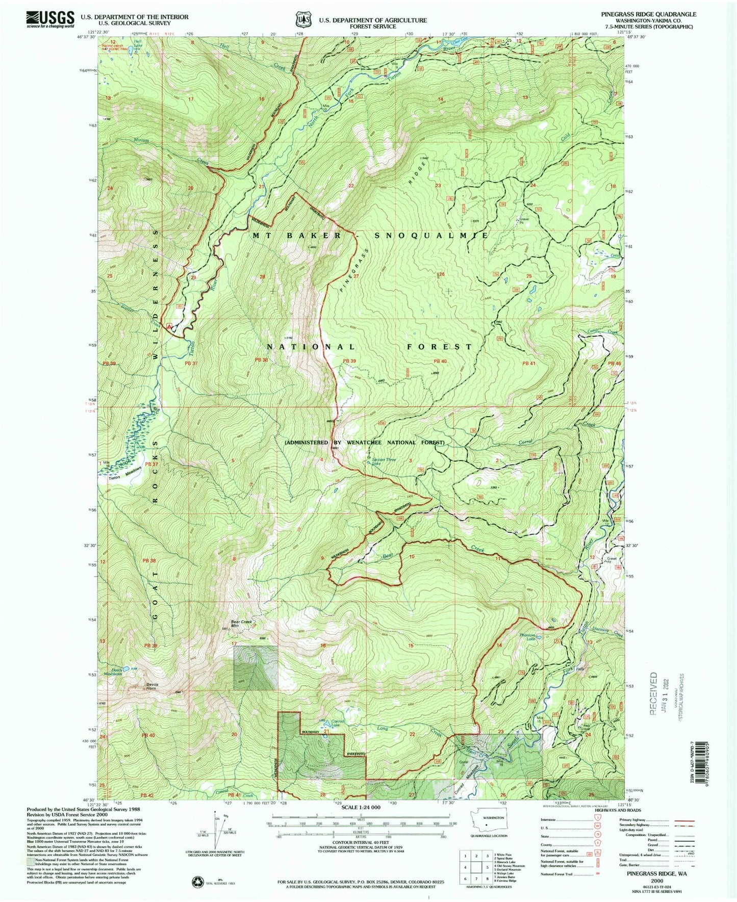 Classic USGS Pinegrass Ridge Washington 7.5'x7.5' Topo Map Image