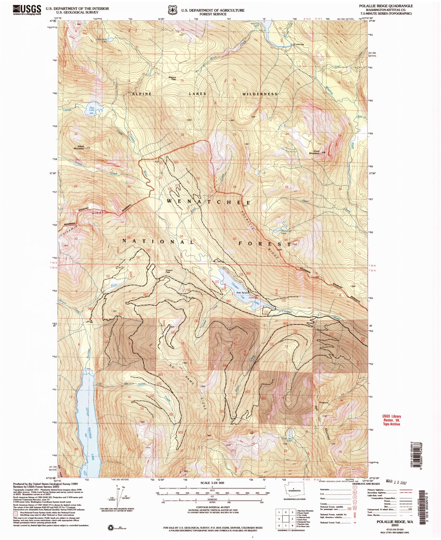 Classic USGS Polallie Ridge Washington 7.5'x7.5' Topo Map Image