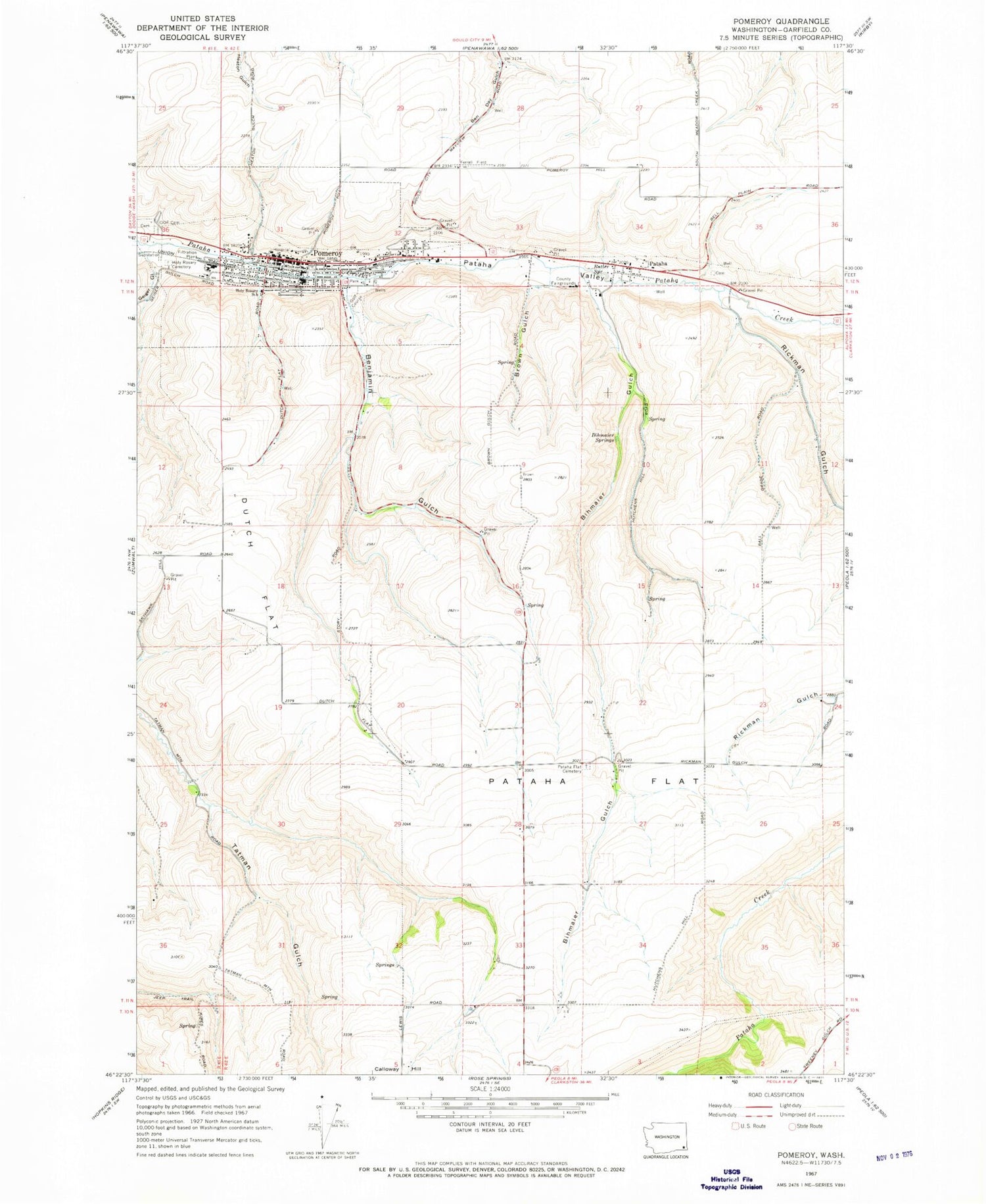 Classic USGS Pomeroy Washington 7.5'x7.5' Topo Map Image
