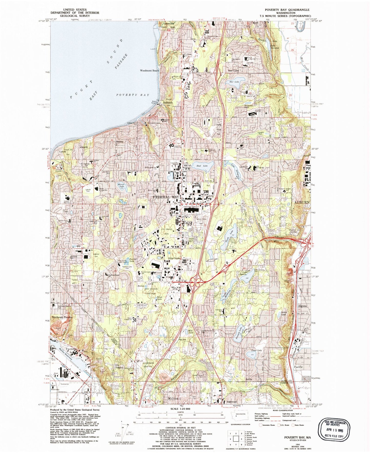 Classic USGS Poverty Bay Washington 7.5'x7.5' Topo Map Image