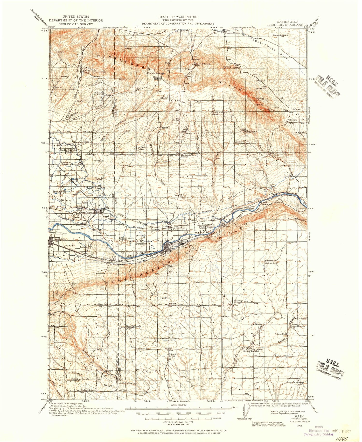 Historic 1915 Prosser Washington 30'x30' Topo Map Image