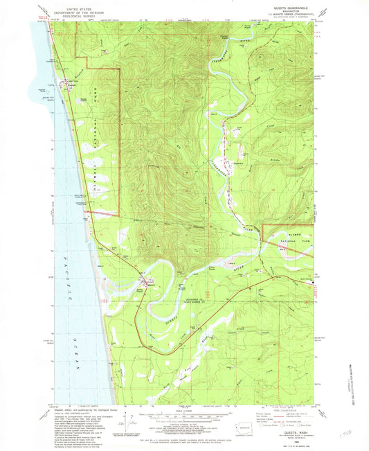 Classic USGS Queets Washington 7.5'x7.5' Topo Map Image