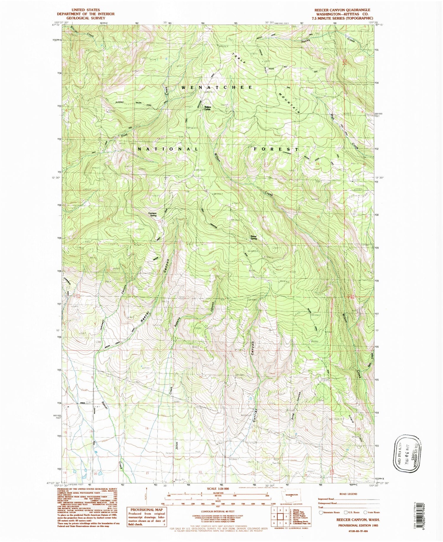 Classic USGS Reecer Canyon Washington 7.5'x7.5' Topo Map Image