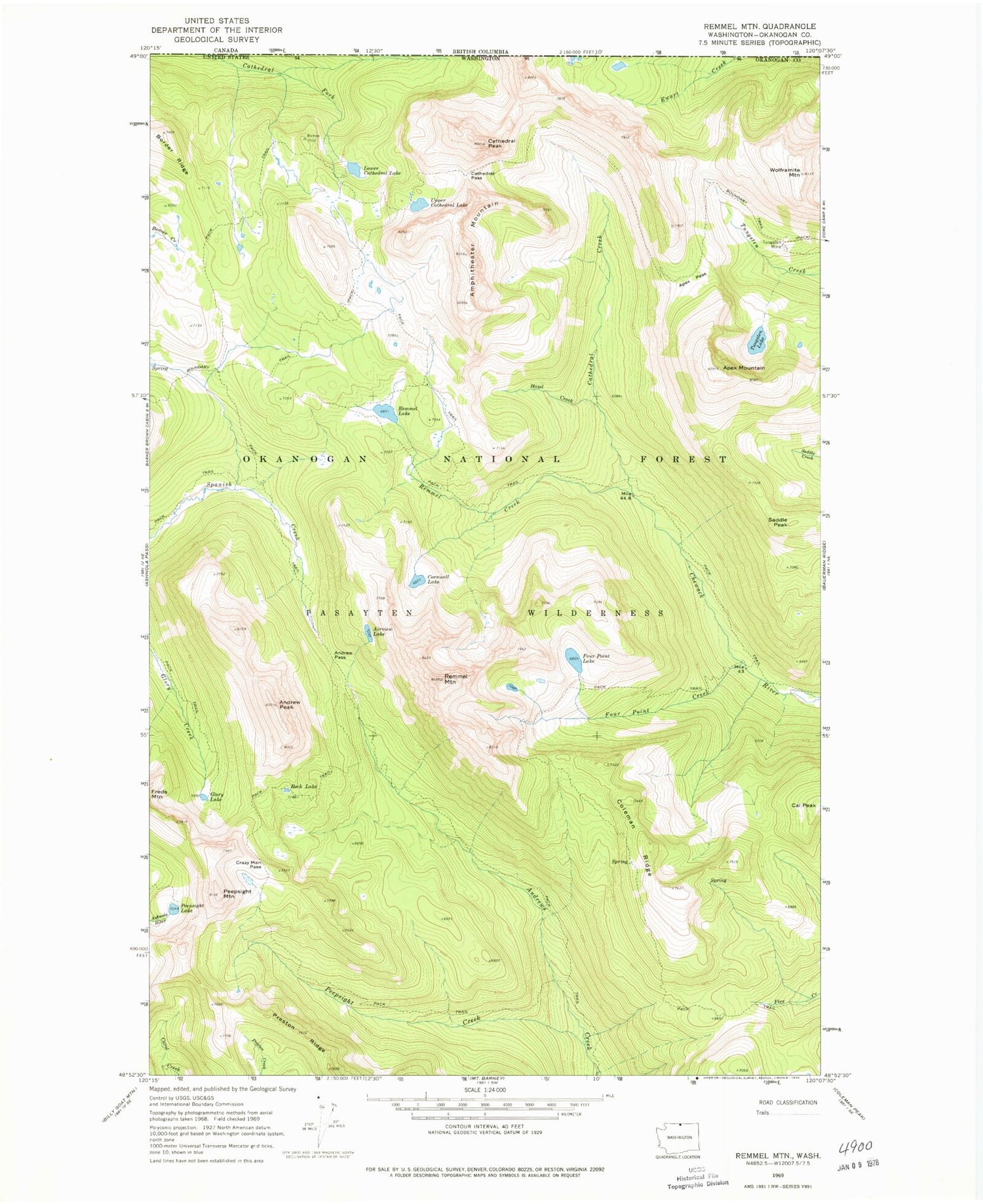 Classic USGS Remmel Mountain Washington 7.5'x7.5' Topo Map Image