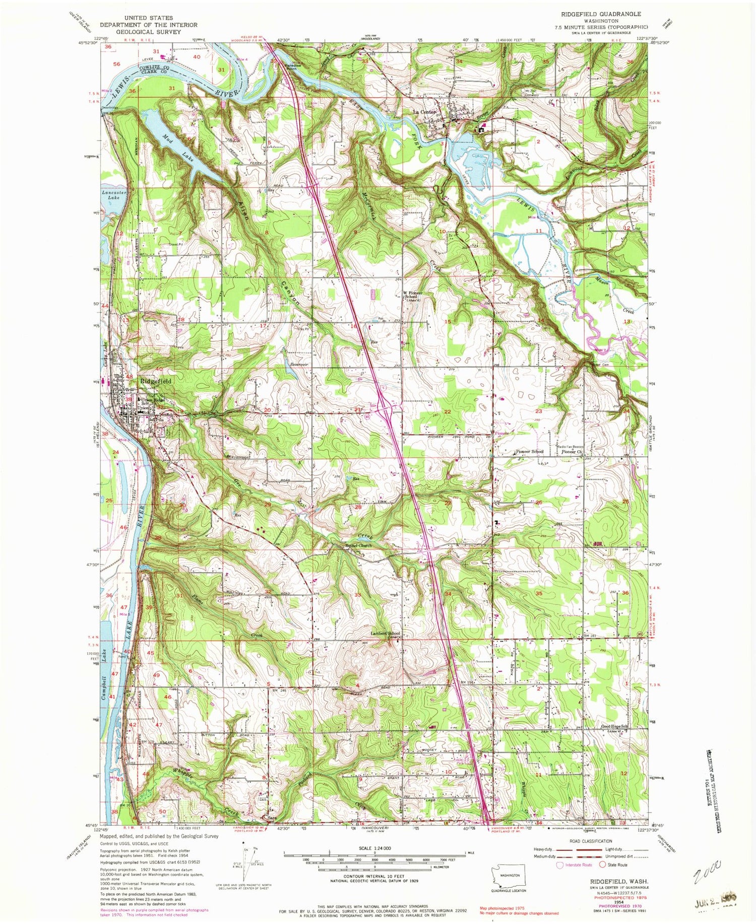 Classic USGS Ridgefield Washington 7.5'x7.5' Topo Map Image