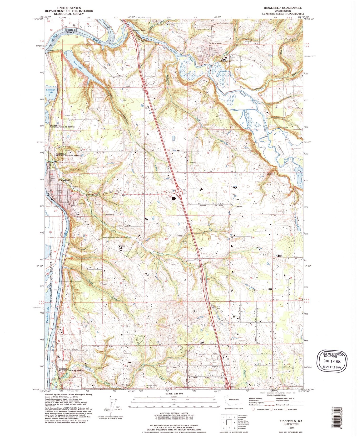 Classic USGS Ridgefield Washington 7.5'x7.5' Topo Map Image