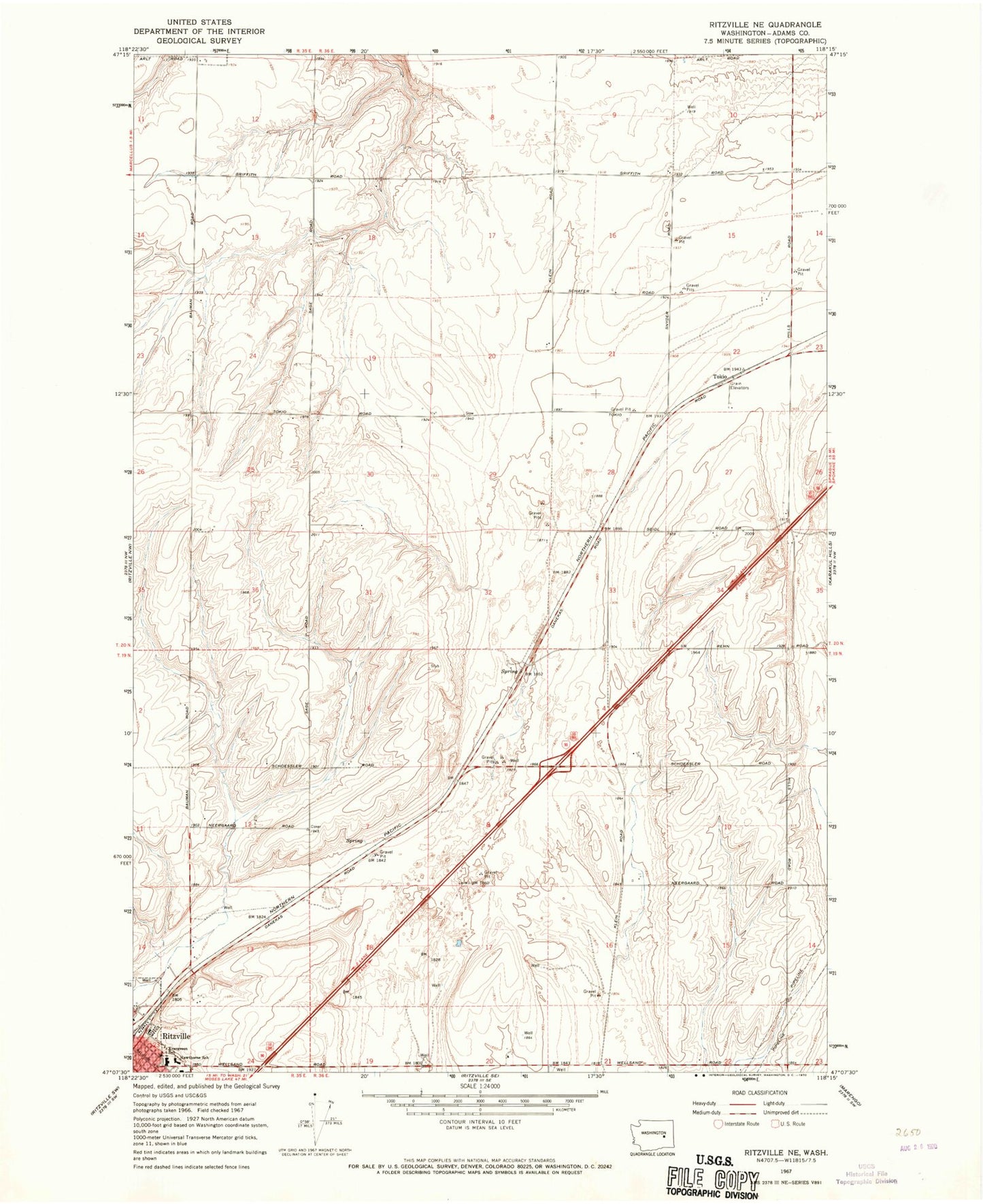 Classic USGS Ritzville NE Washington 7.5'x7.5' Topo Map Image