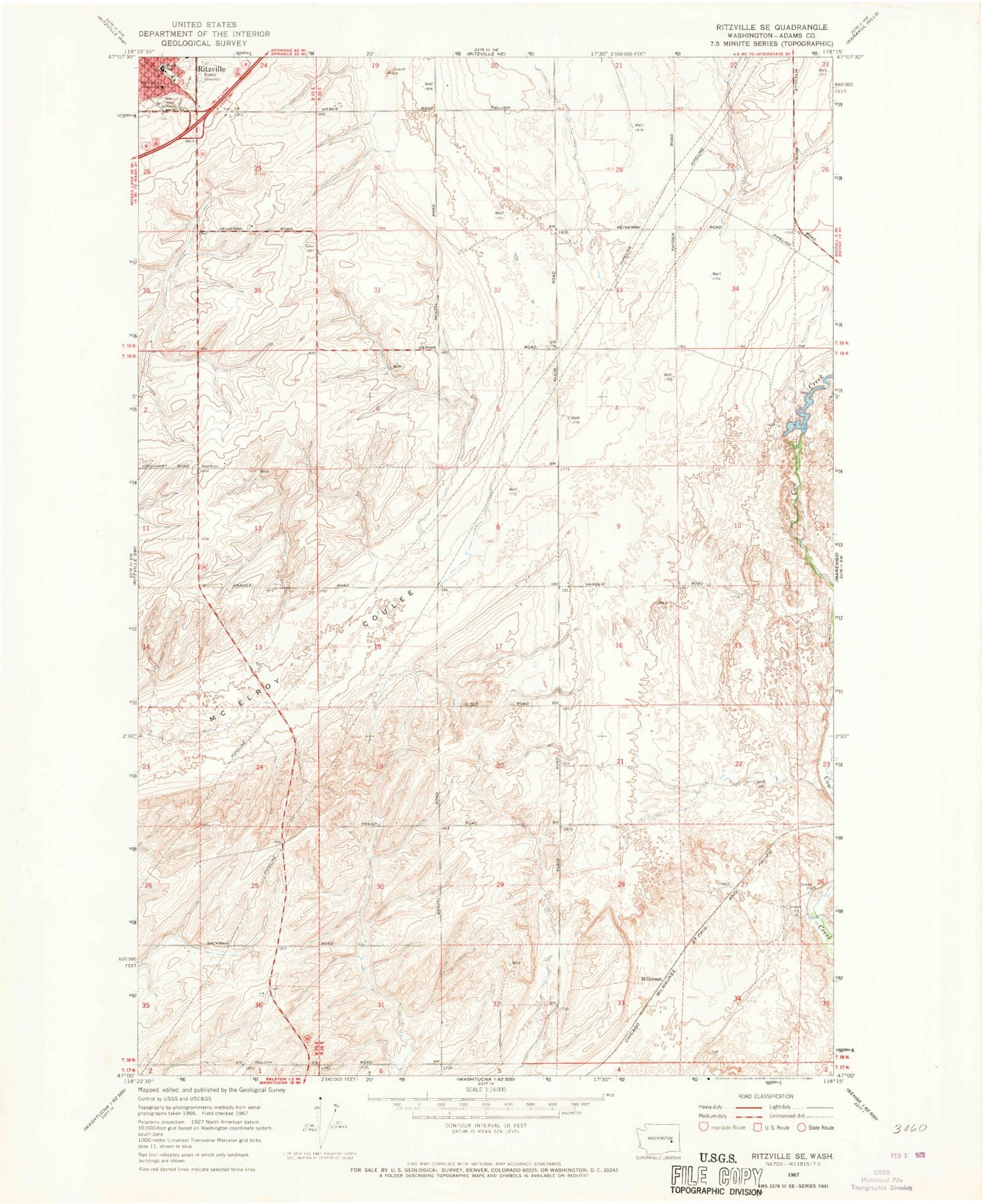 Classic USGS Ritzville SE Washington 7.5'x7.5' Topo Map Image