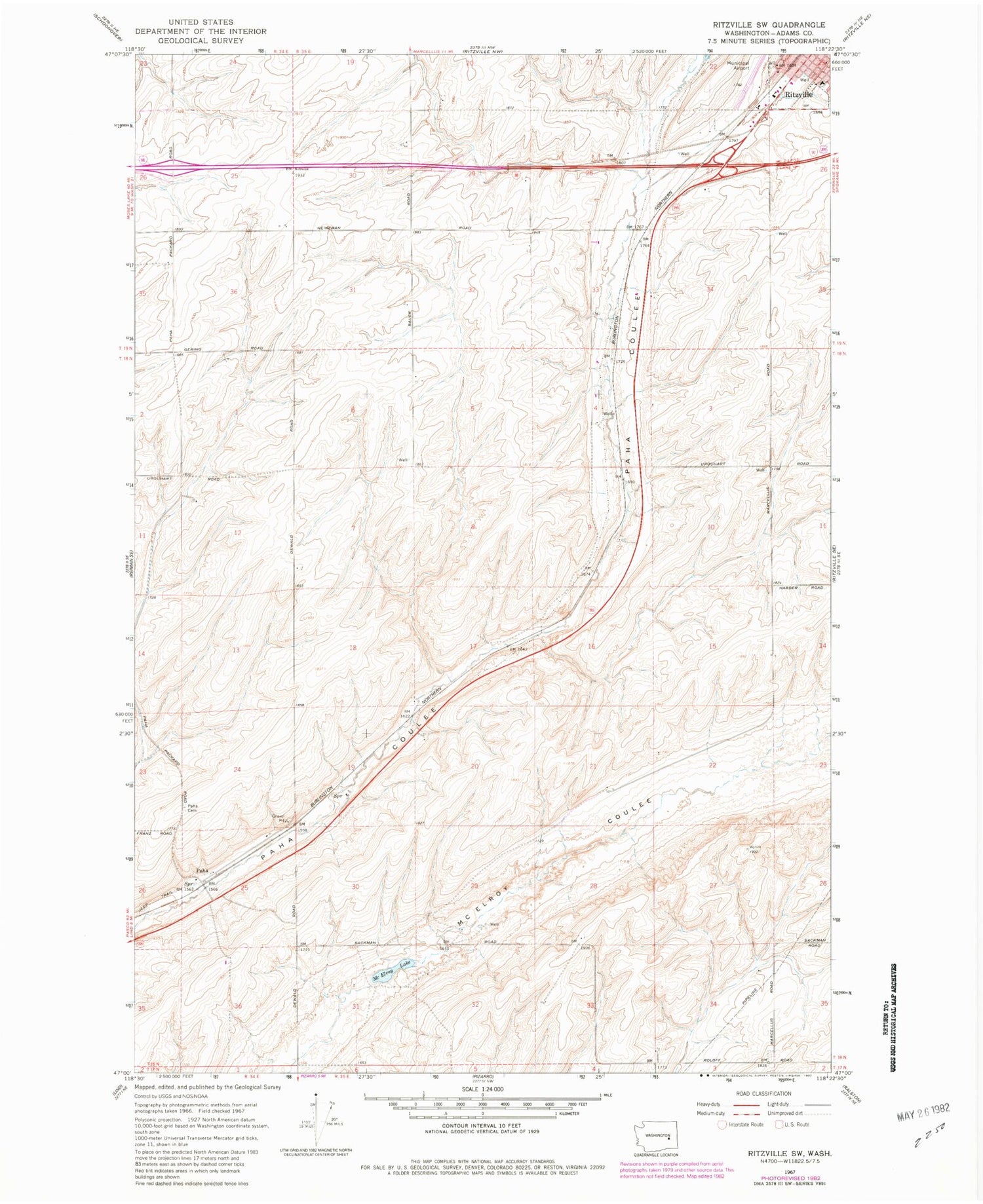 Classic USGS Ritzville SW Washington 7.5'x7.5' Topo Map Image