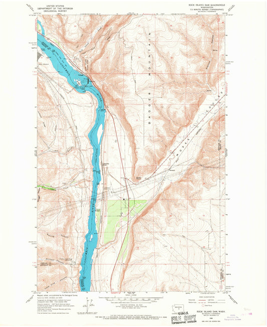 Classic USGS Rock Island Dam Washington 7.5'x7.5' Topo Map Image