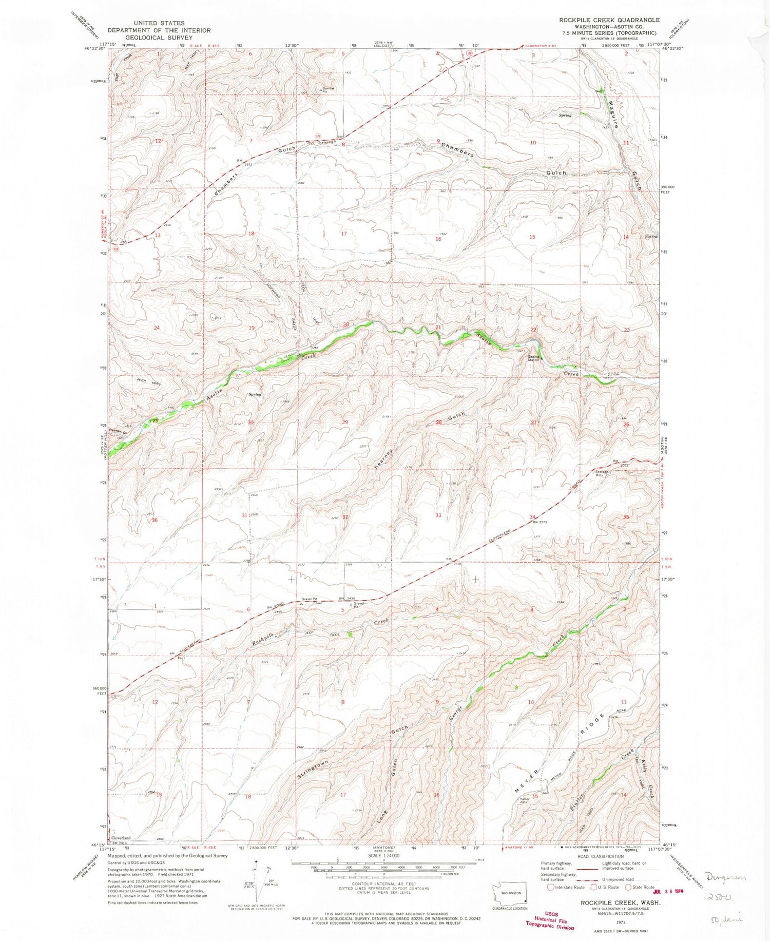 Classic USGS Rockpile Creek Washington 7.5'x7.5' Topo Map Image