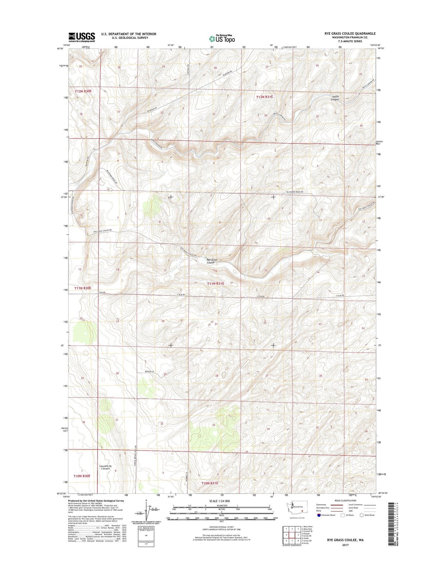 Rye Grass Coulee Washington US Topo Map Image