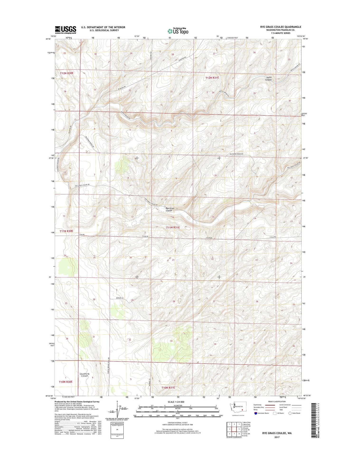 Rye Grass Coulee Washington US Topo Map Image
