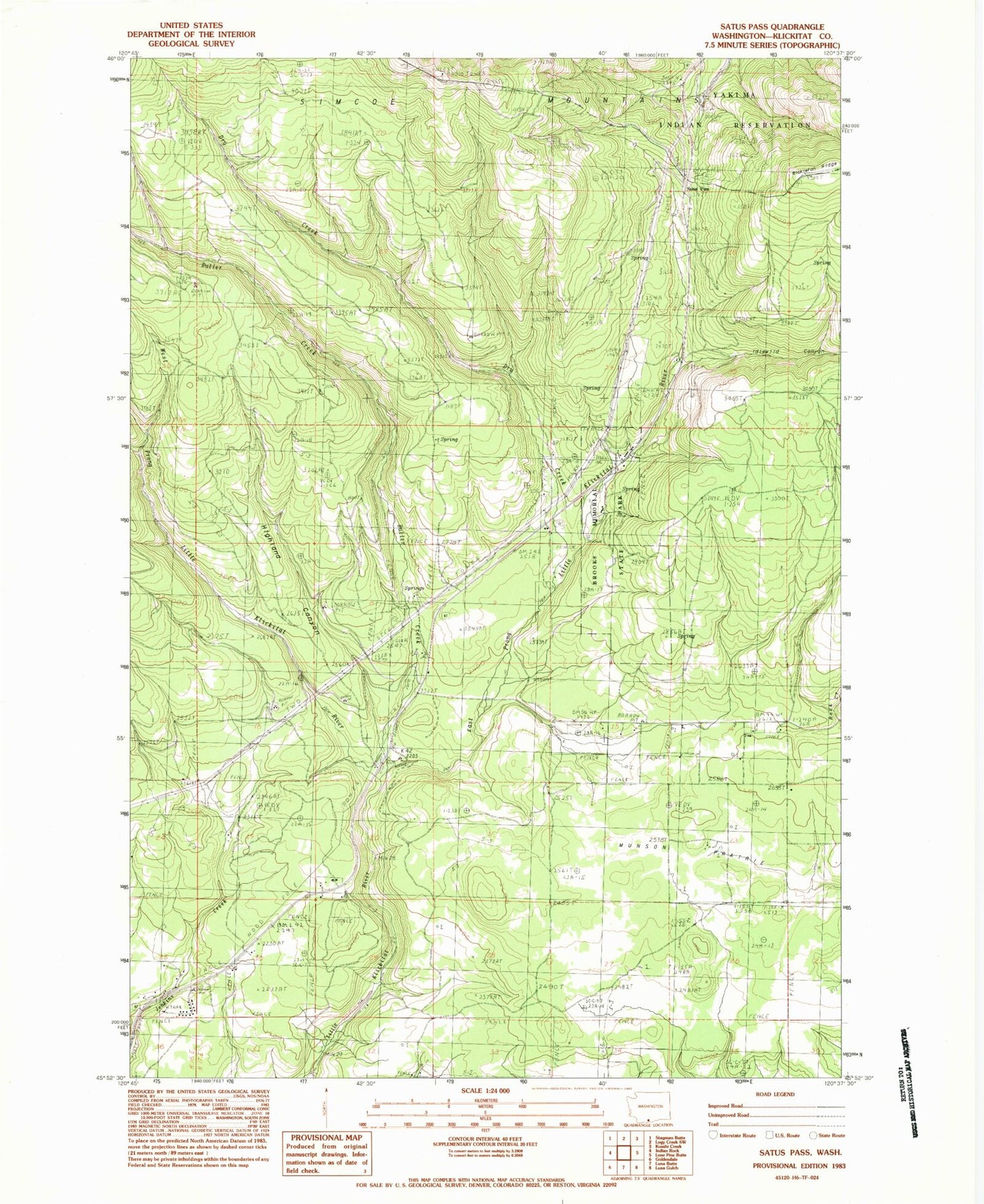 Classic USGS Satus Pass Washington 7.5'x7.5' Topo Map Image