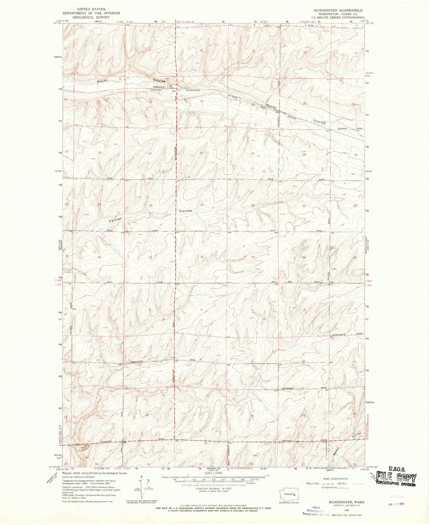 Classic USGS Schoonover Washington 7.5'x7.5' Topo Map Image