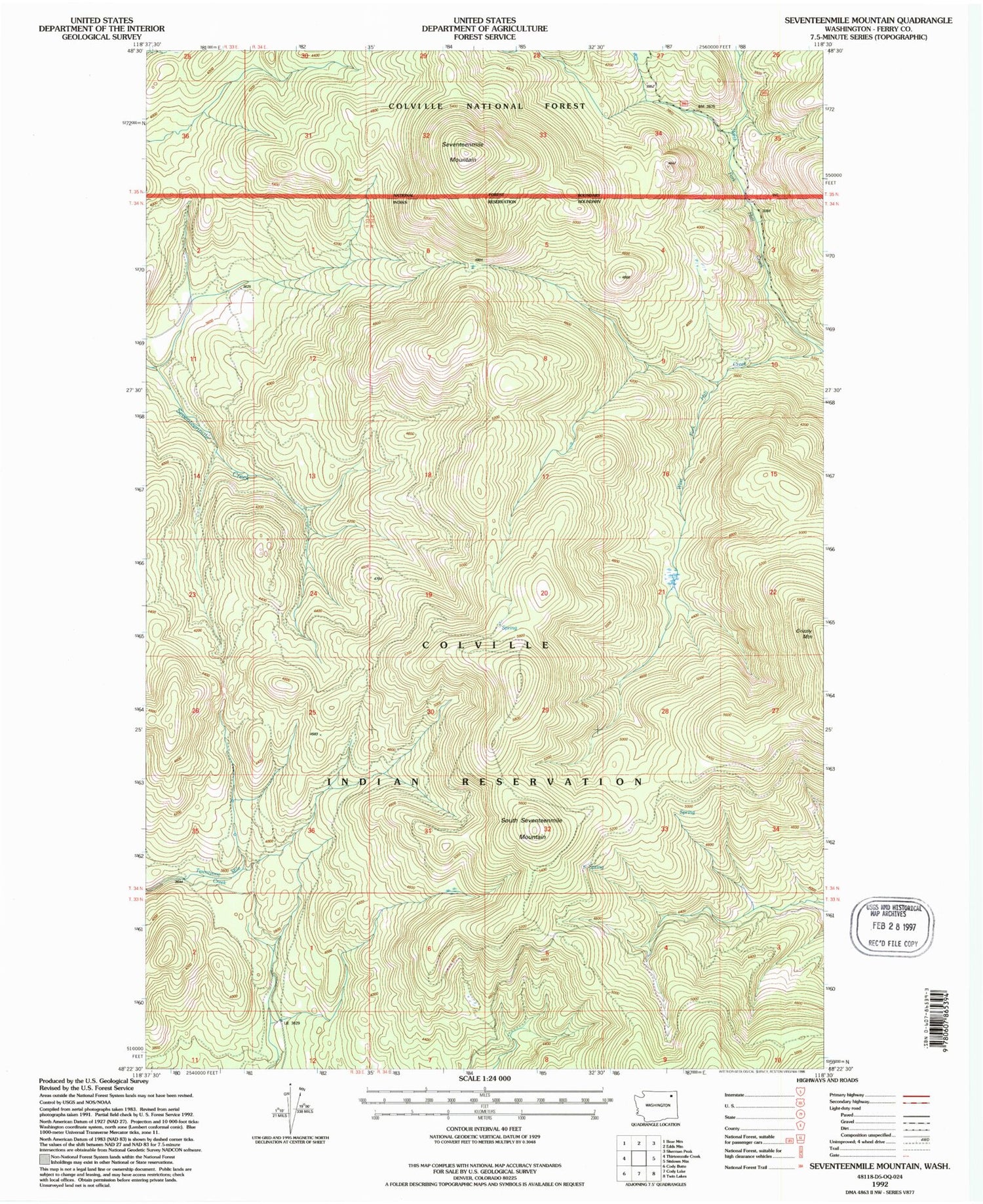 Classic USGS Seventeenmile Mountain Washington 7.5'x7.5' Topo Map Image