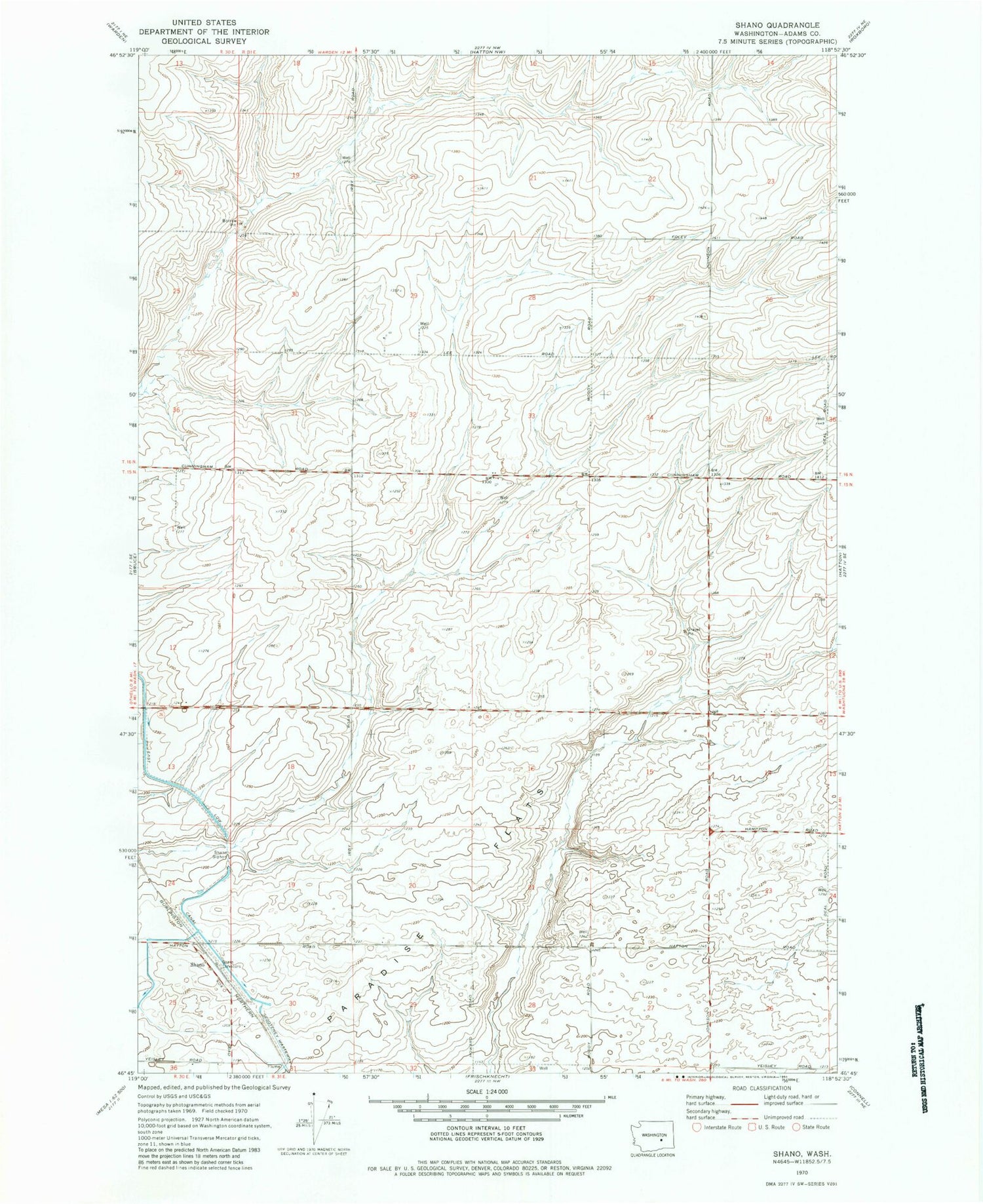 Classic USGS Shano Washington 7.5'x7.5' Topo Map Image