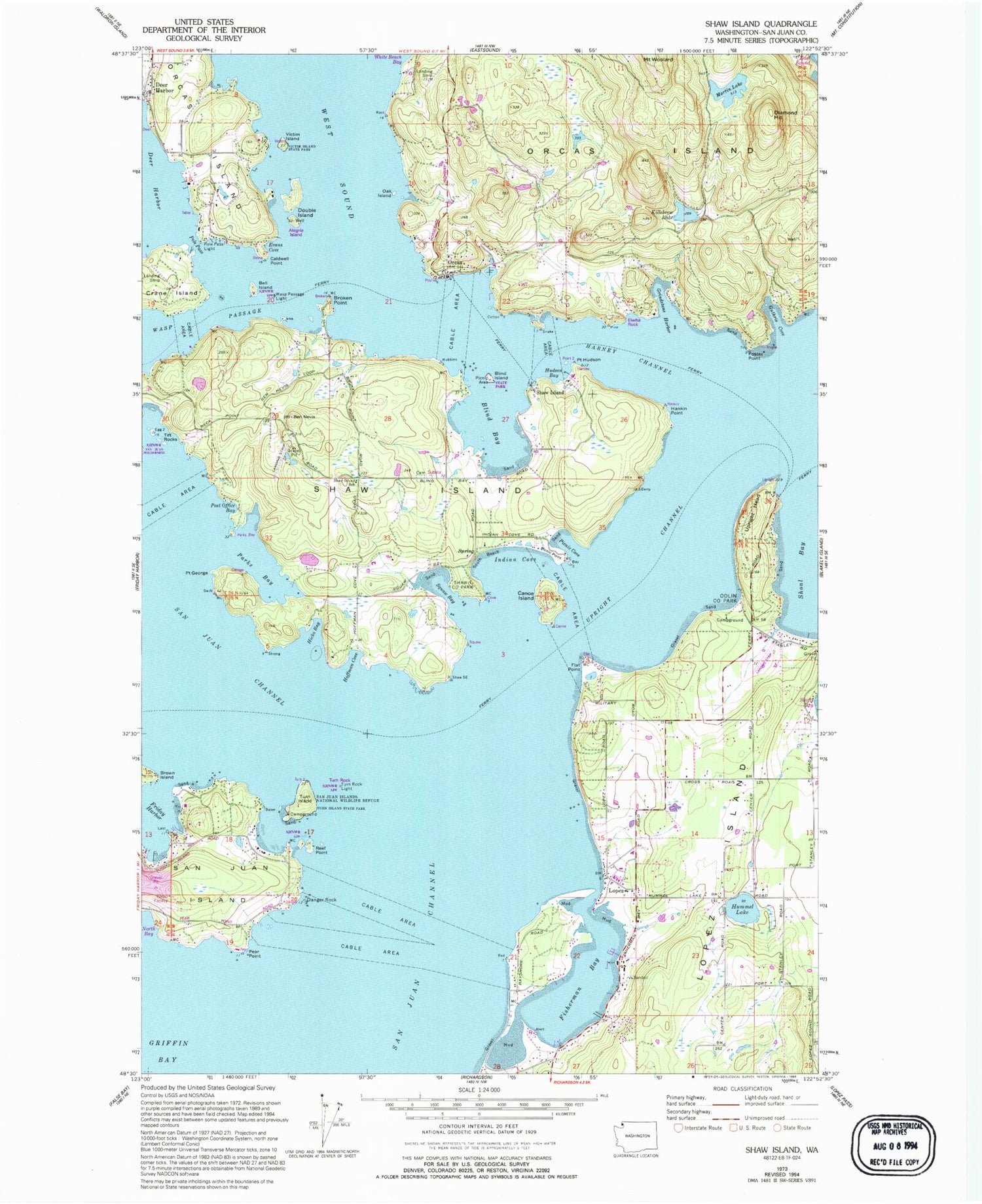 Classic USGS Shaw Island Washington 7.5'x7.5' Topo Map Image
