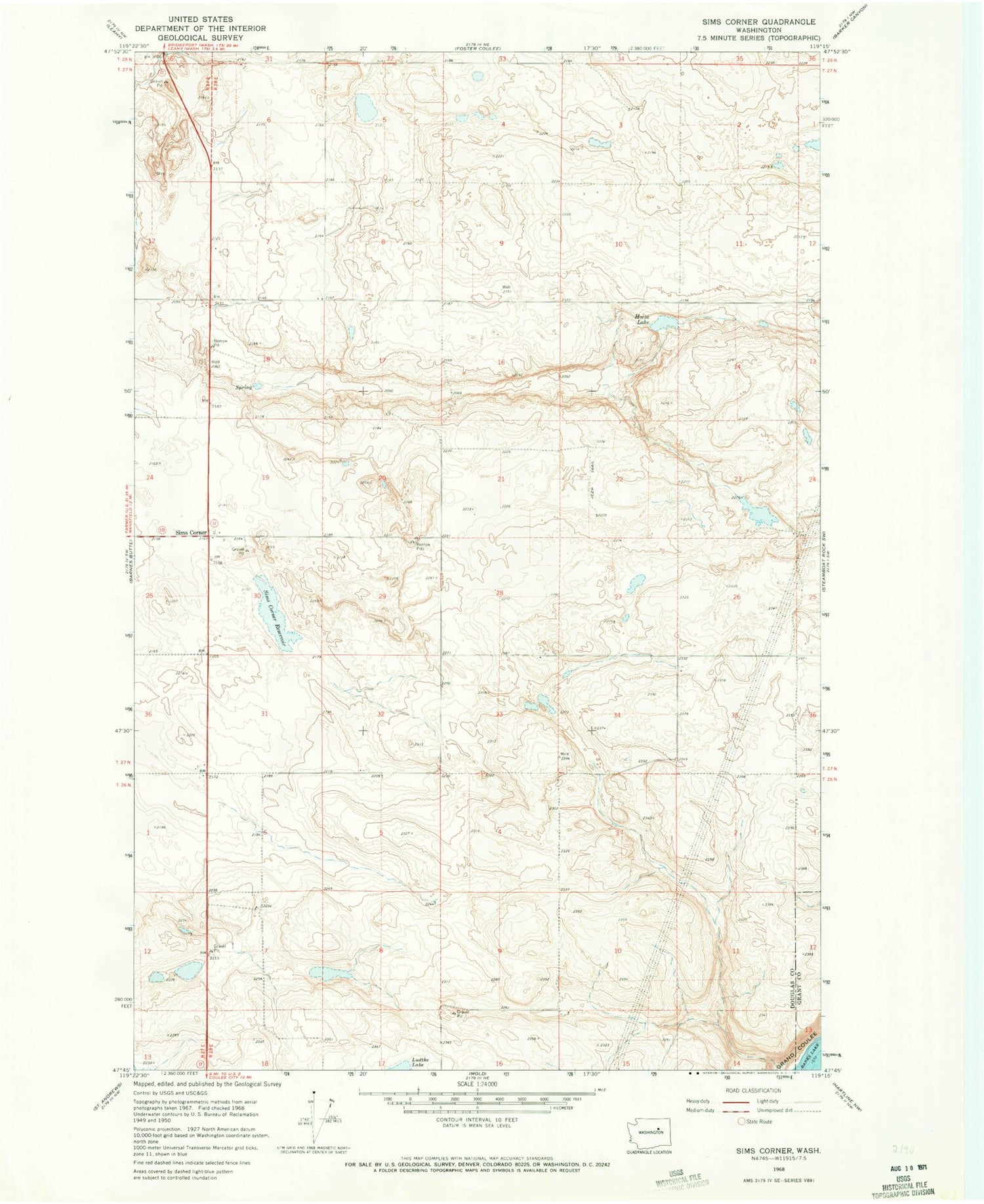 Classic USGS Sims Corner Washington 7.5'x7.5' Topo Map Image