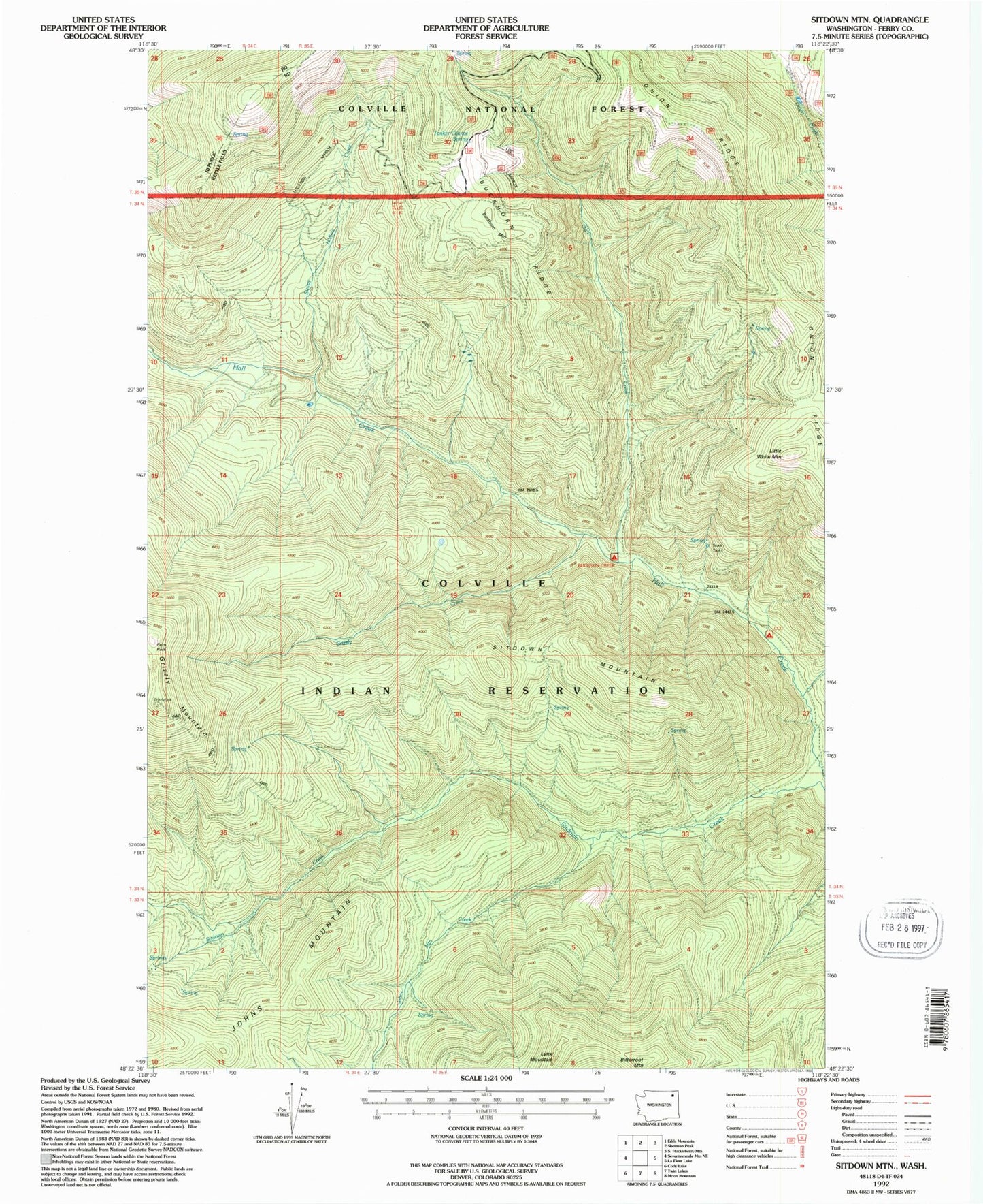 Classic USGS Sitdown Mountain Washington 7.5'x7.5' Topo Map Image
