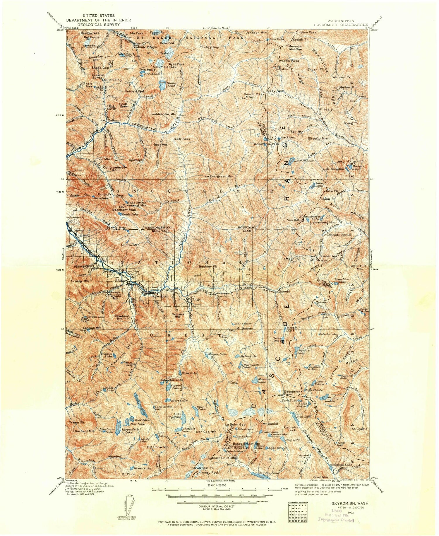 Historic 1902 Skykomish Washington 30'x30' Topo Map Image
