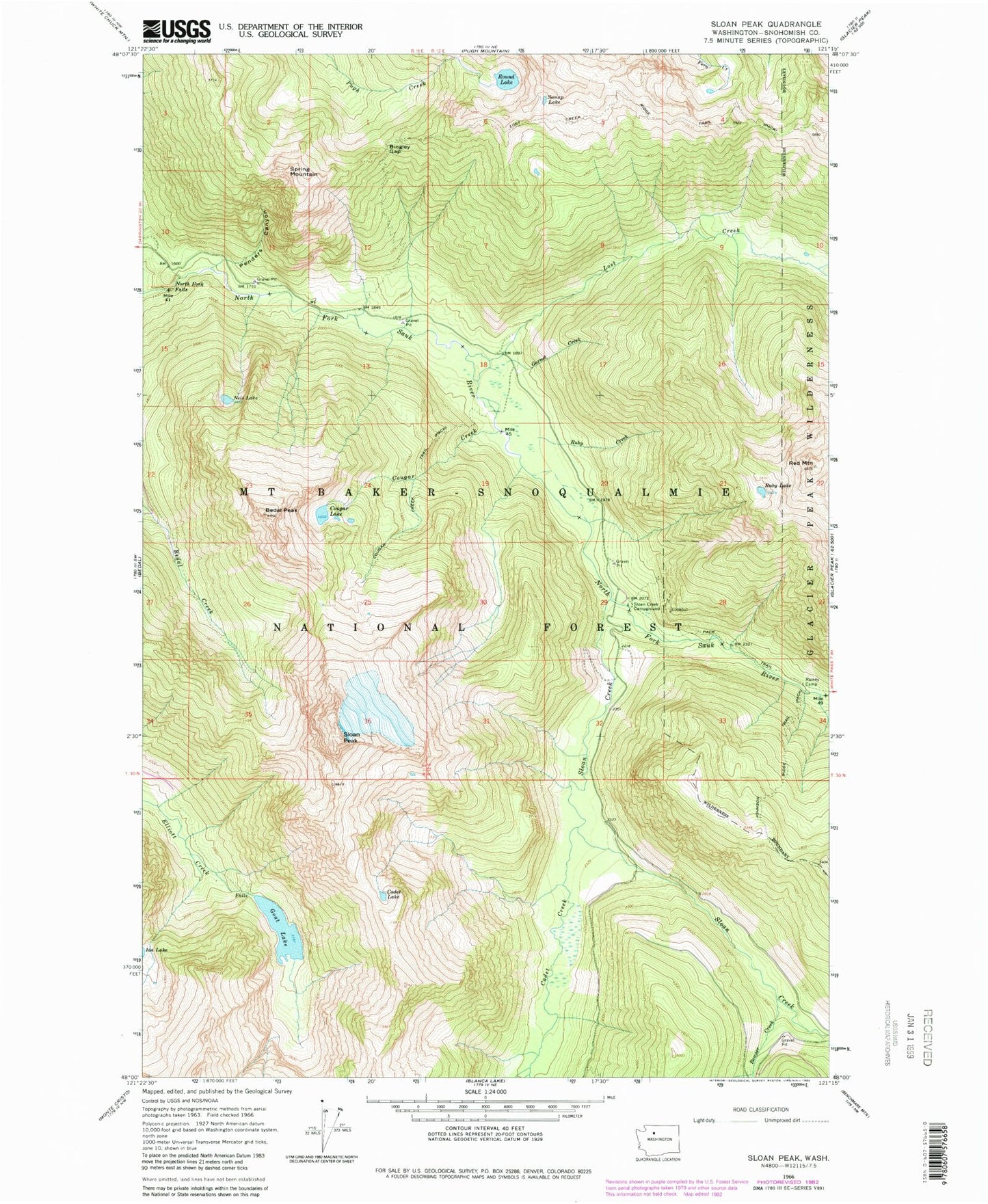 Classic USGS Sloan Peak Washington 7.5'x7.5' Topo Map Image