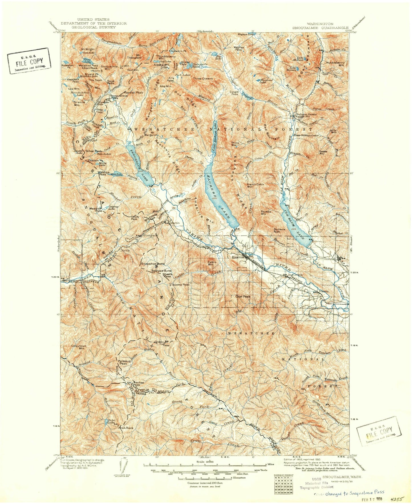 Historic 1903 Snoqualmie Pass Washington 30'x30' Topo Map Image