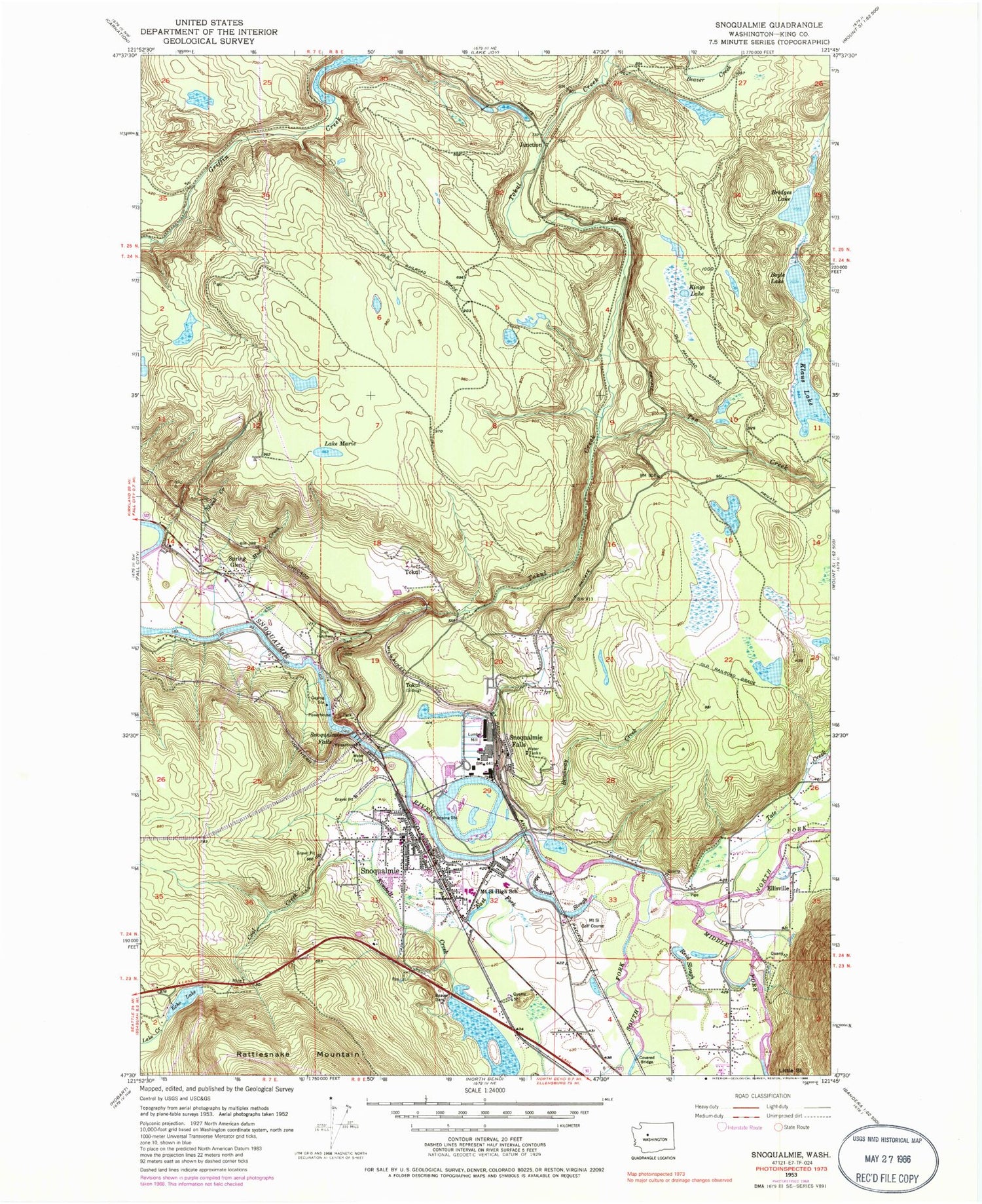 Classic USGS Snoqualmie Washington 7.5'x7.5' Topo Map Image