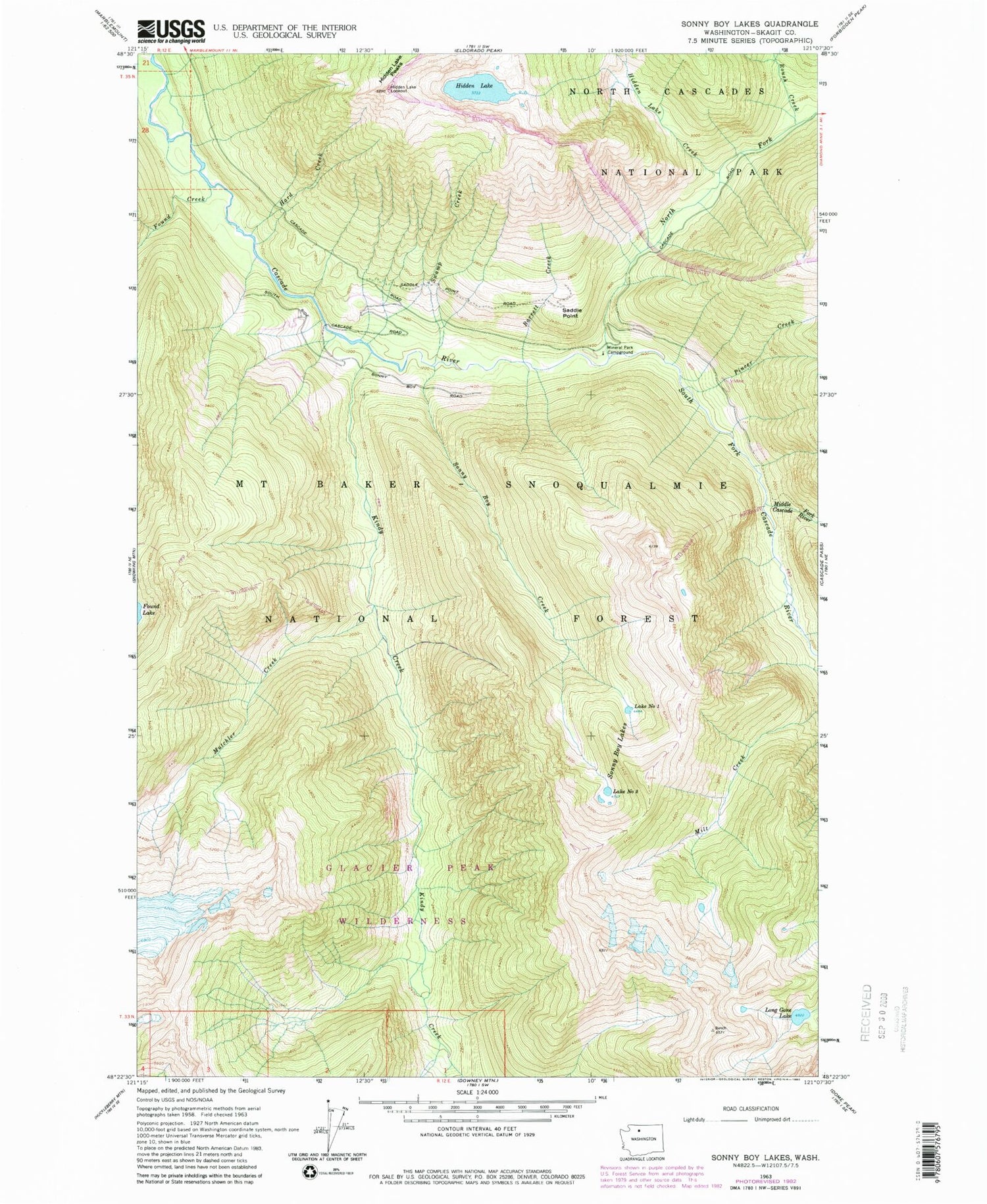 Classic USGS Sonny Boy Lakes Washington 7.5'x7.5' Topo Map Image
