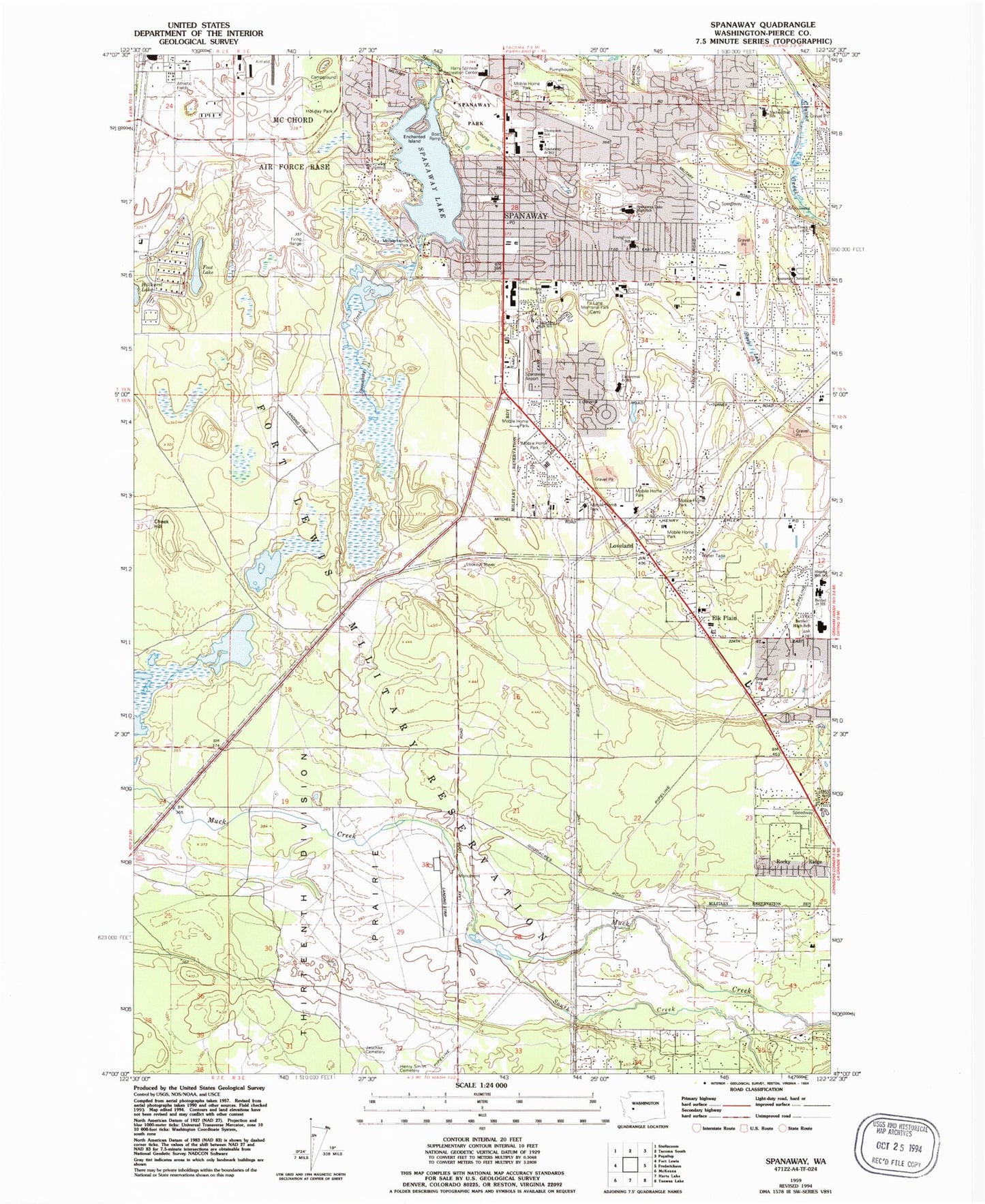 Classic USGS Spanaway Washington 7.5'x7.5' Topo Map Image