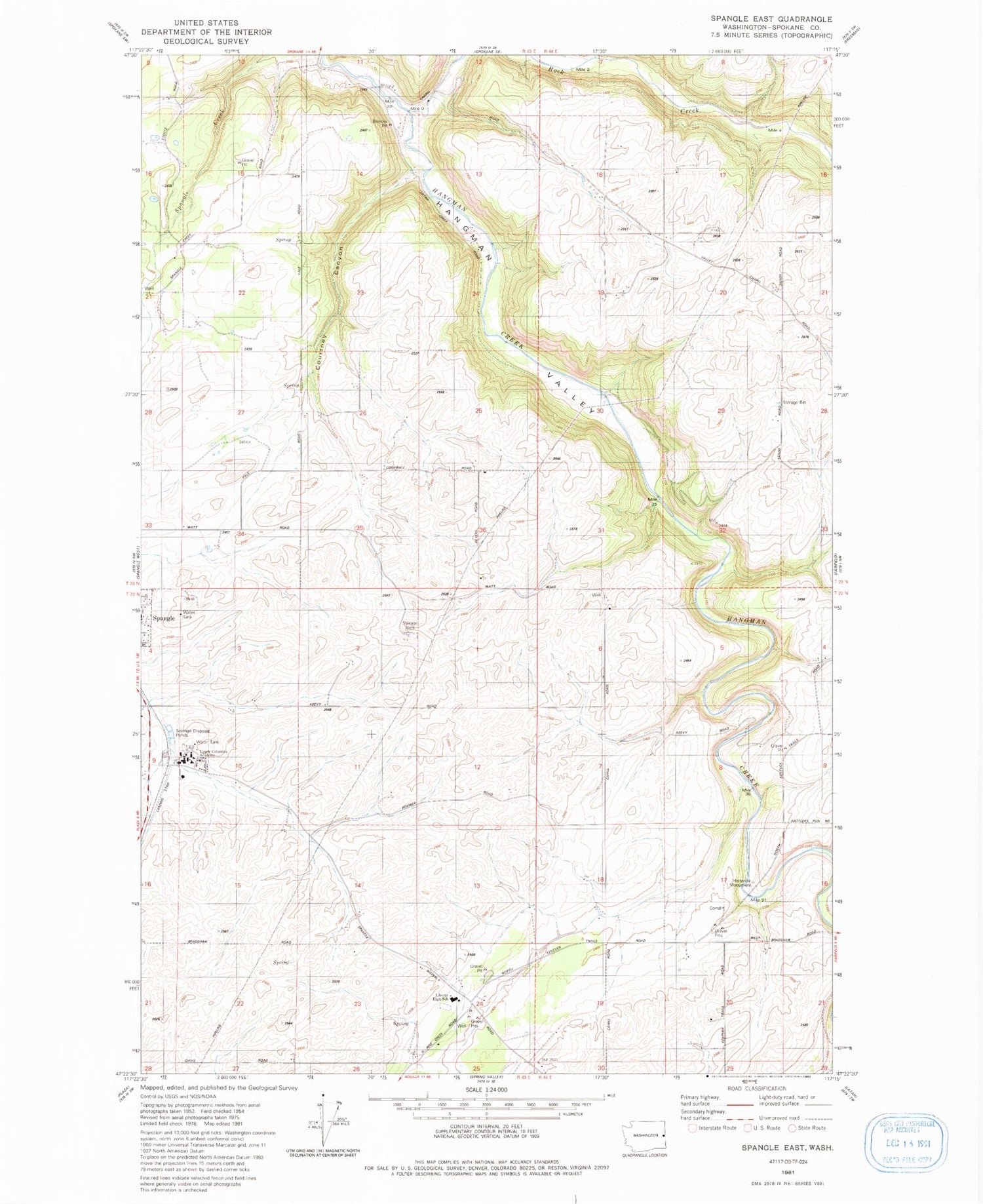 Classic USGS Spangle East Washington 7.5'x7.5' Topo Map Image