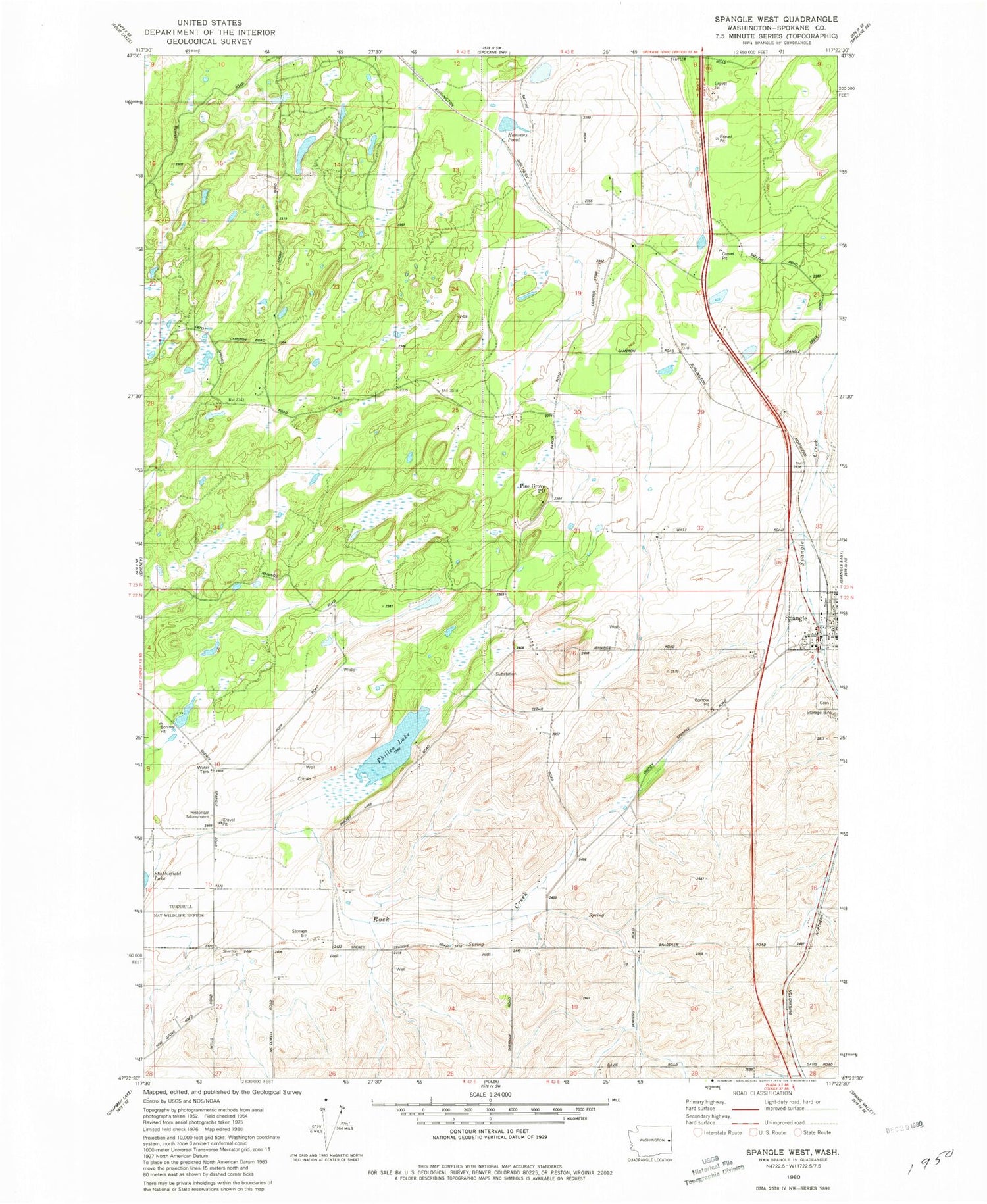 Classic USGS Spangle West Washington 7.5'x7.5' Topo Map Image